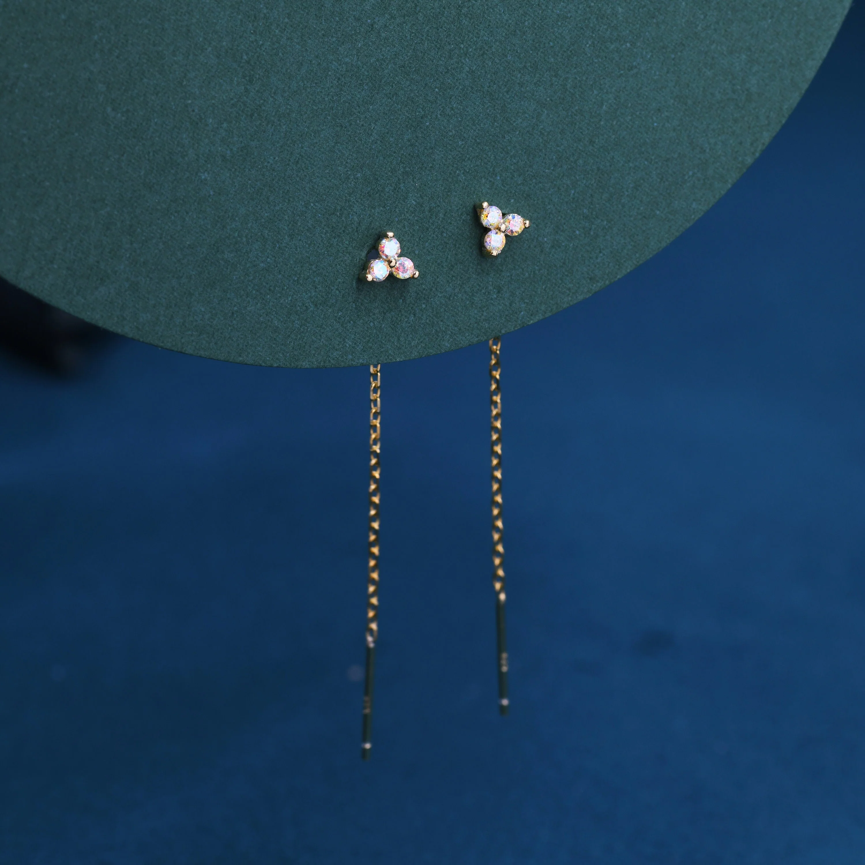 Aurora Borealis Three CZ Trinity Threader Earrings in Sterling Silver, Three Dot AB Crystal Ear Threaders, Trefoil Moonstone Earrings - Image 2