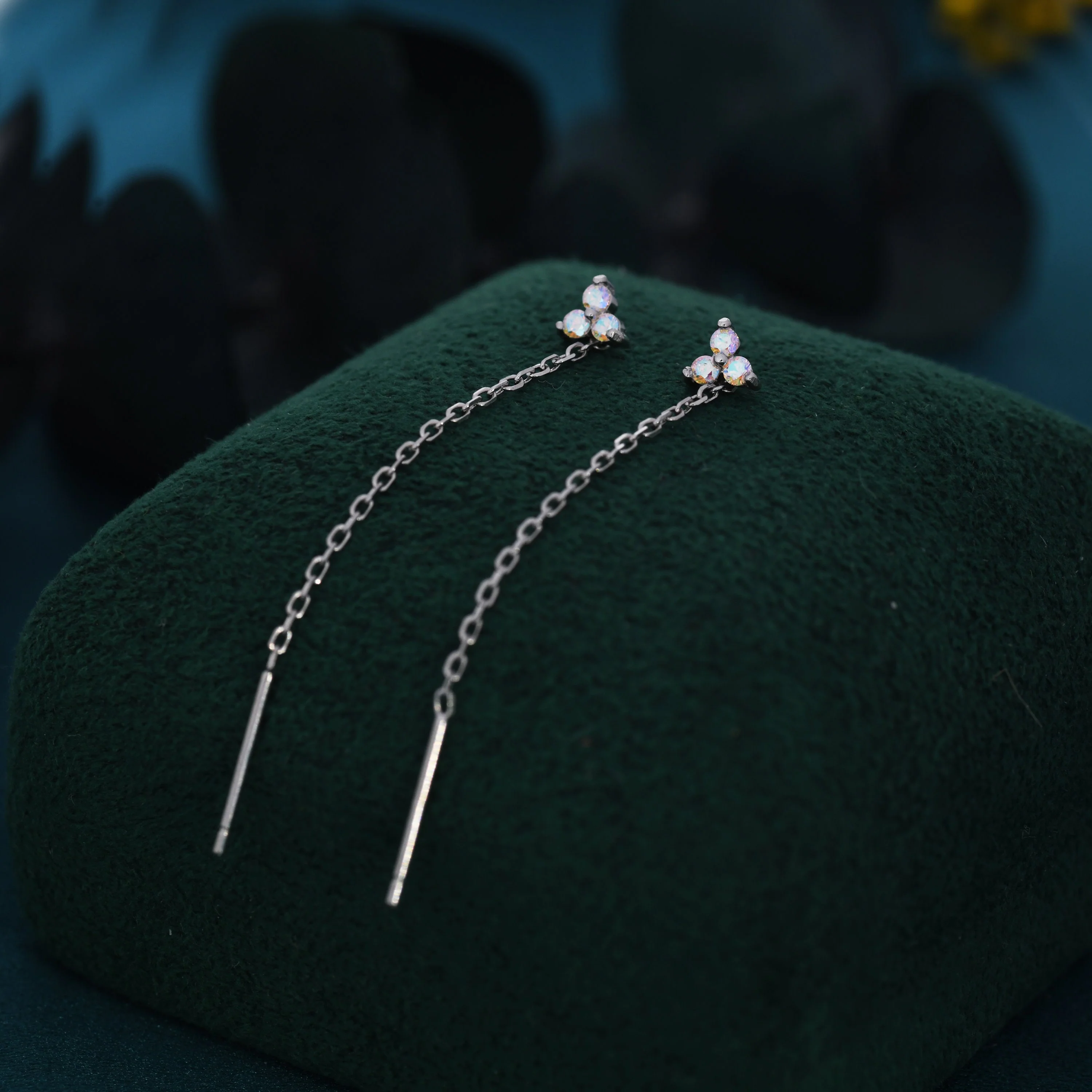 Aurora Borealis Three CZ Trinity Threader Earrings in Sterling Silver, Three Dot AB Crystal Ear Threaders, Trefoil Moonstone Earrings - Image 3