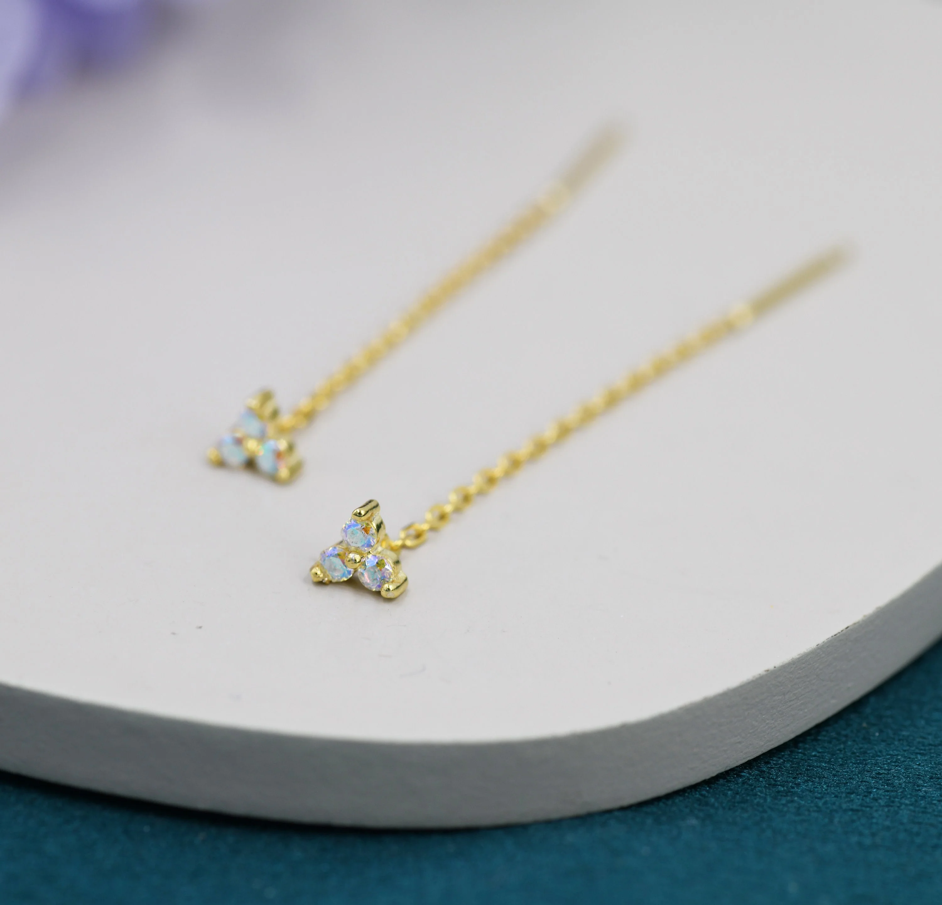 Aurora Borealis Three CZ Trinity Threader Earrings in Sterling Silver, Three Dot AB Crystal Ear Threaders, Trefoil Moonstone Earrings - Image 6