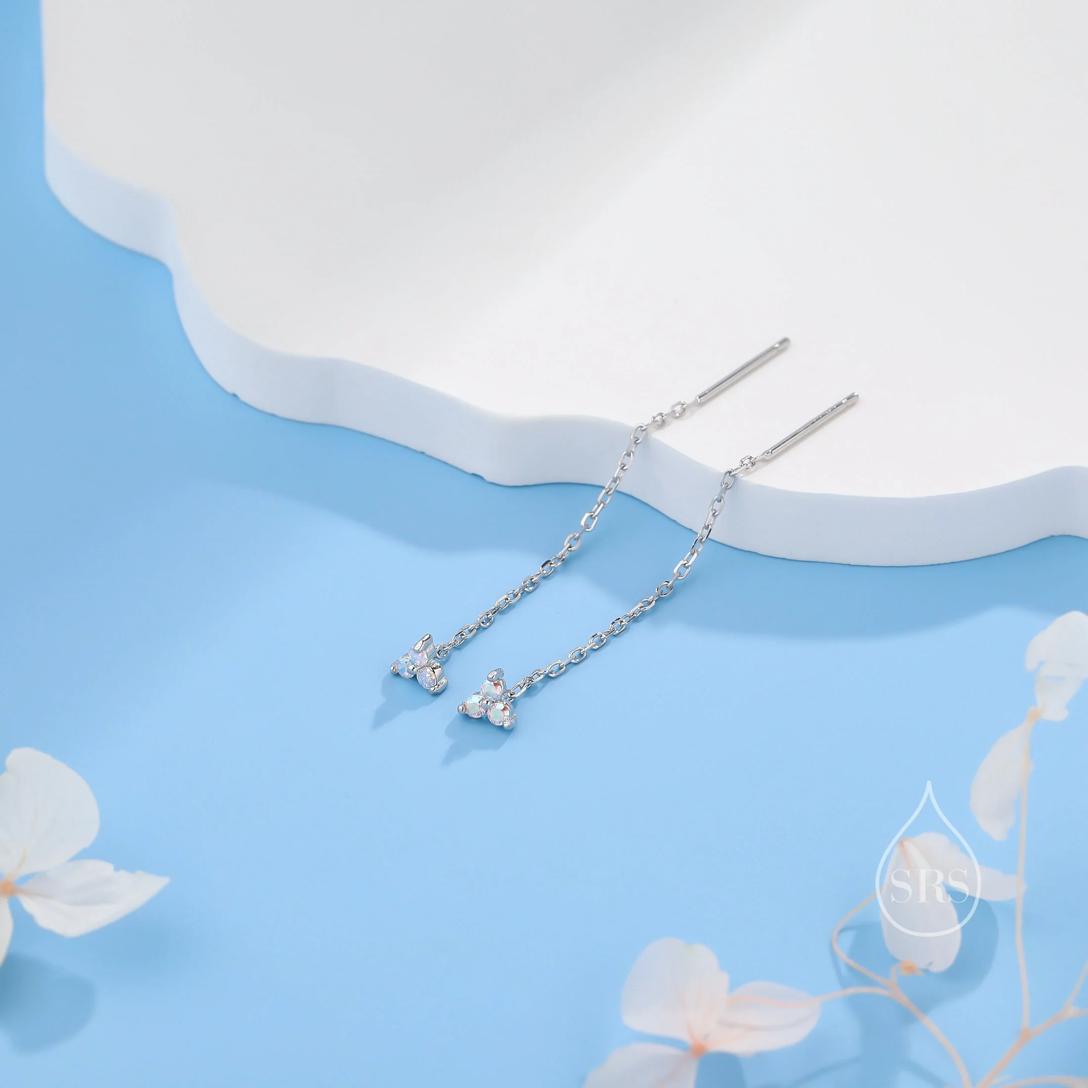 Aurora Borealis Three CZ Trinity Threader Earrings in Sterling Silver, Three Dot AB Crystal Ear Threaders, Trefoil Moonstone Earrings - Image 7