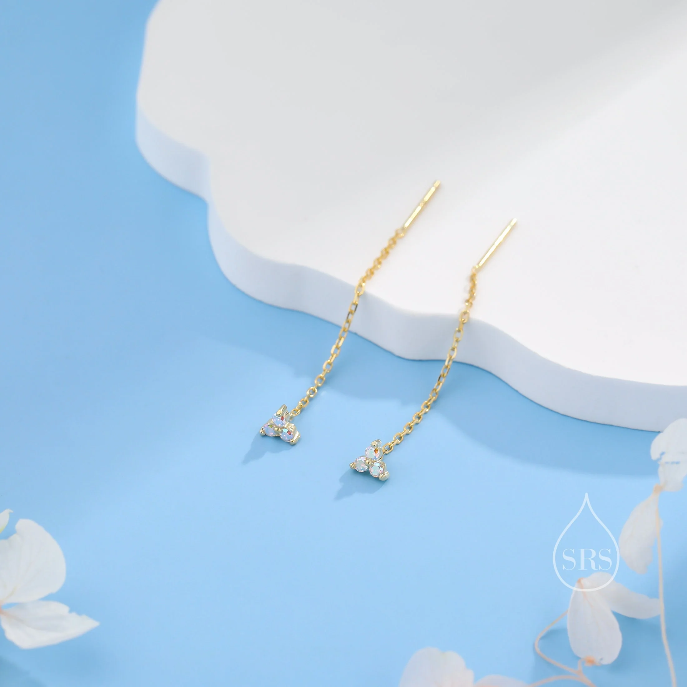 Aurora Borealis Three CZ Trinity Threader Earrings in Sterling Silver, Three Dot AB Crystal Ear Threaders, Trefoil Moonstone Earrings - Image 8