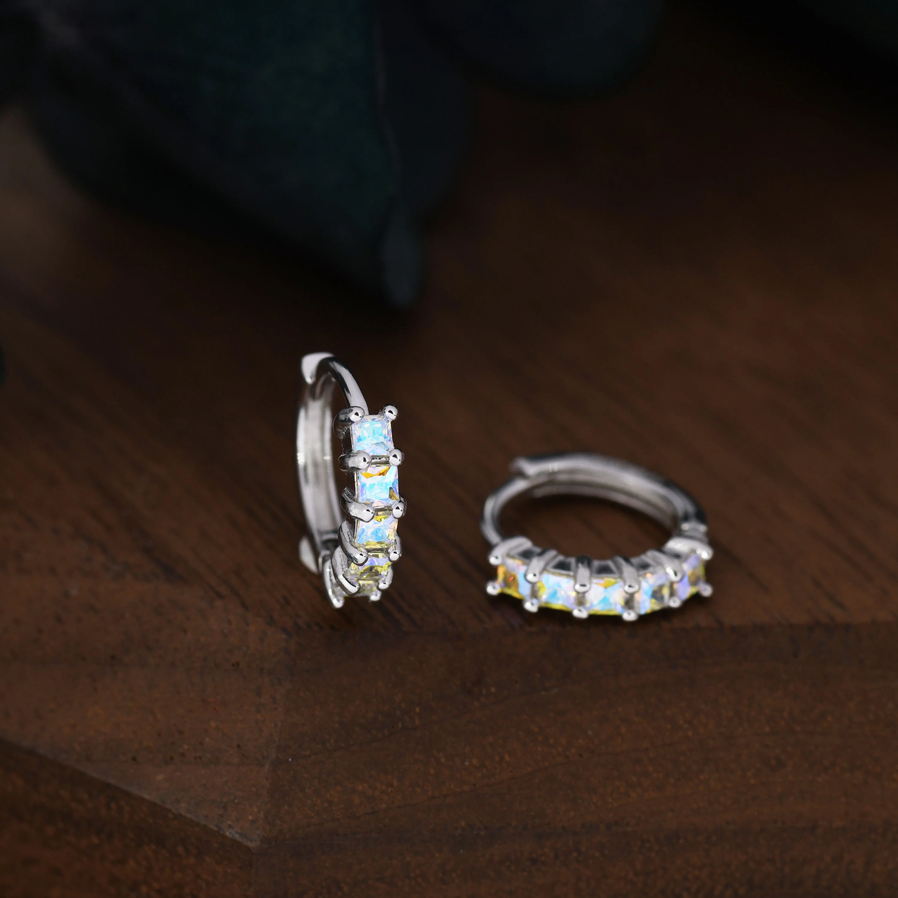 Aurora CZ Huggie Hoops in Sterling Silver, 8mm Mystic Colour AB Crystals Hoops, Silver or Gold, Dainty Lab Moonstone Hoops Earrings - Image 2