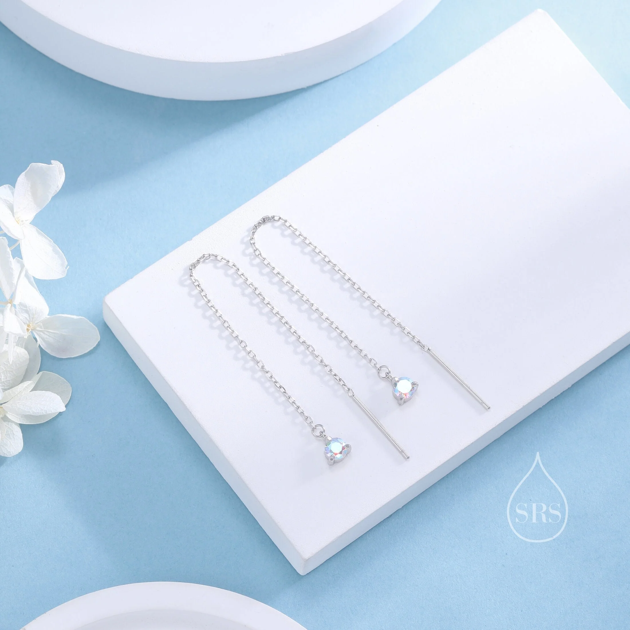 Aurora CZ Threader Earrings in Sterling Silver, Silver or Gold or Rose Gold, Tiny CZ Crystal Ear Threaders, Prong Set CZ Earring - Image 2