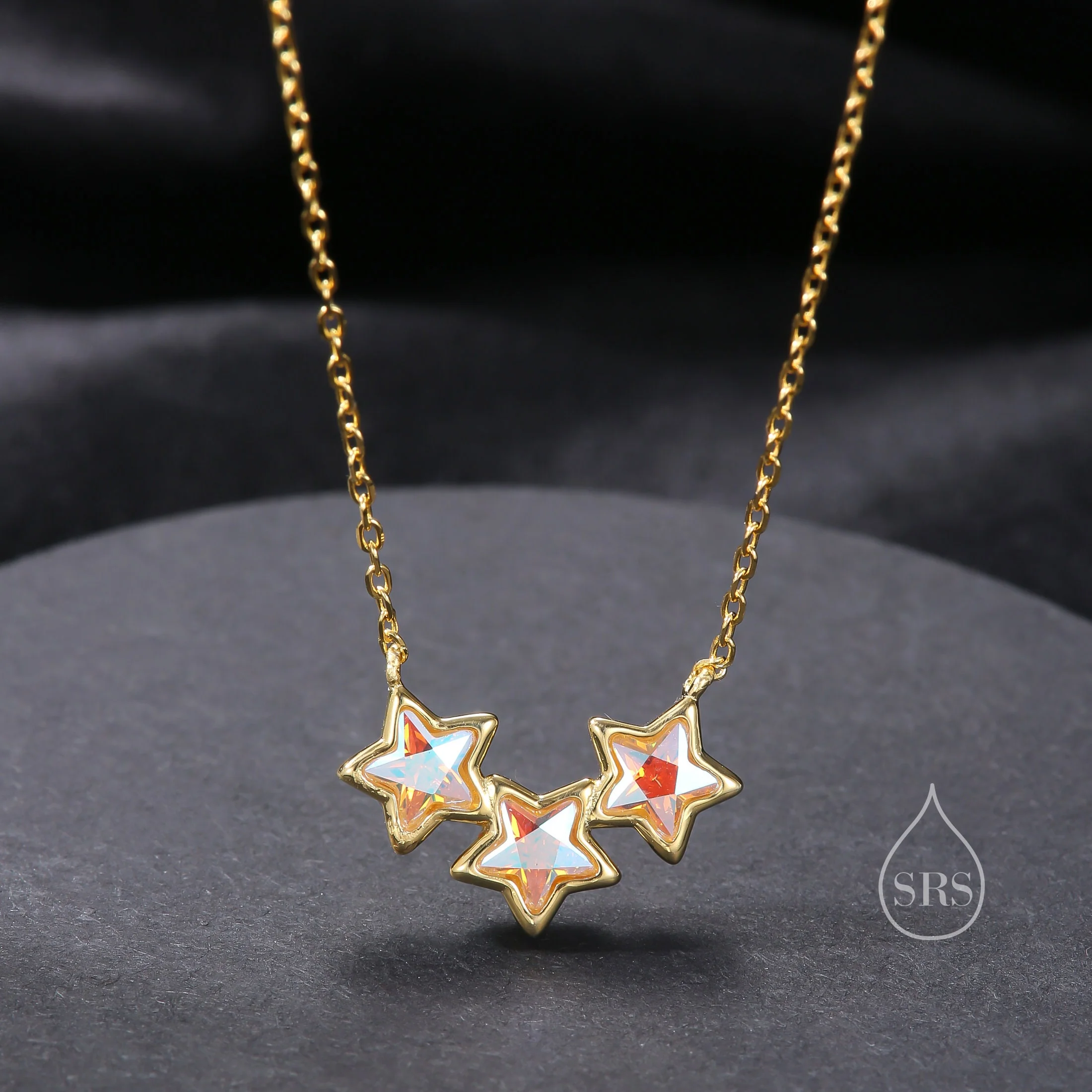 Aurora CZ Triple Star Pendant Necklace in Sterling Silver, Silver or Gold, Three Star AB Crystal Necklace, Minimal Star Pendant - Image 2