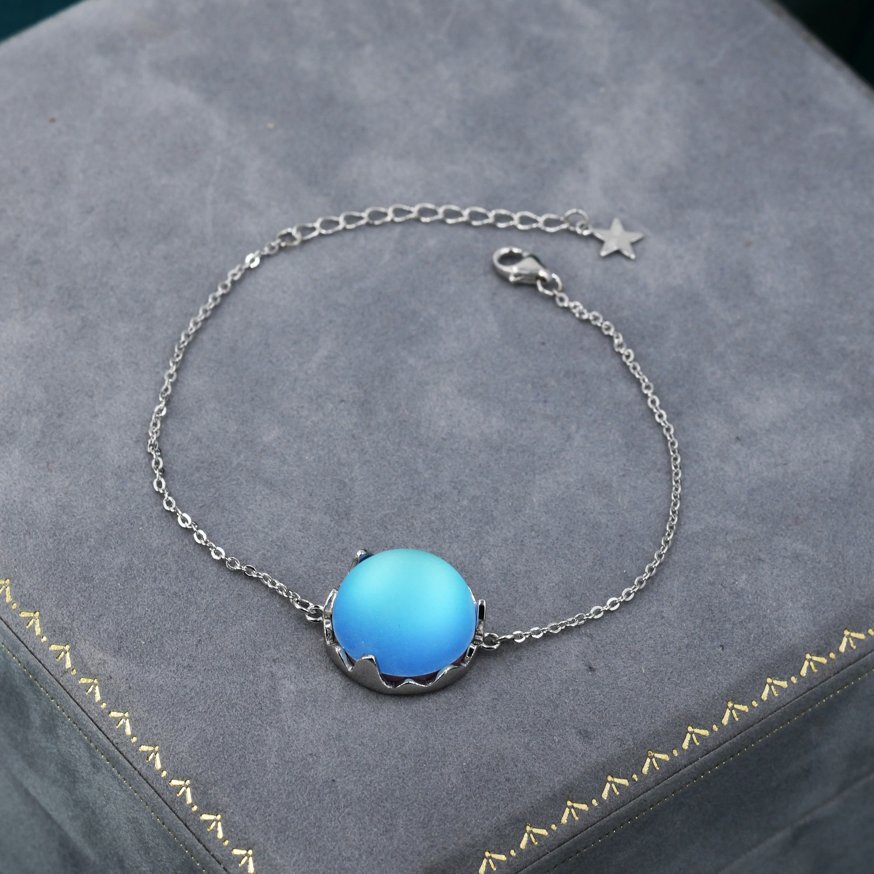 Aurora Glass Crystal Bracelet in Sterling Silver, Northern Lights Bracelet with Blue Flash Simulated Moonstone - Image 3