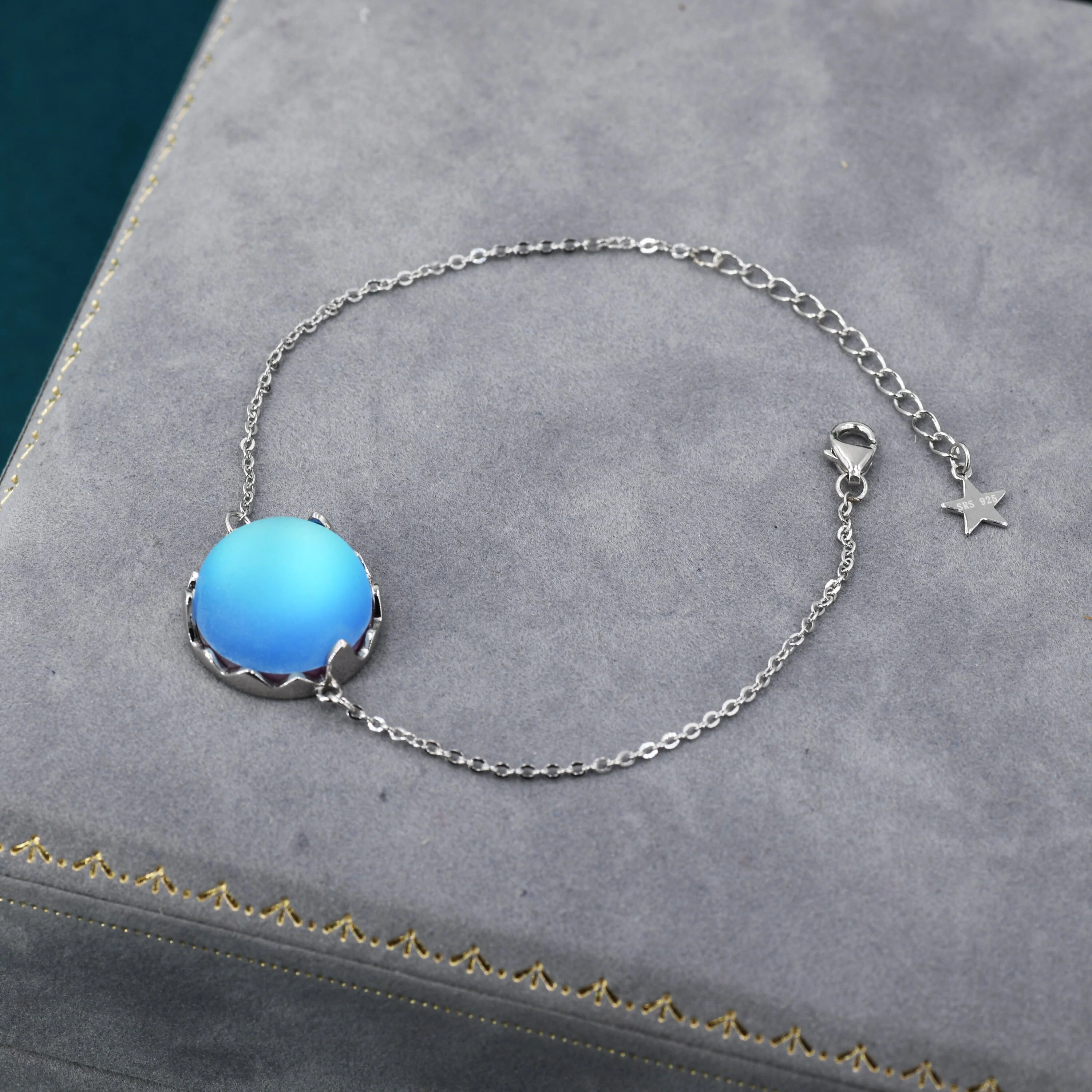 Aurora Glass Crystal Bracelet in Sterling Silver, Northern Lights Bracelet with Blue Flash Simulated Moonstone - Image 4