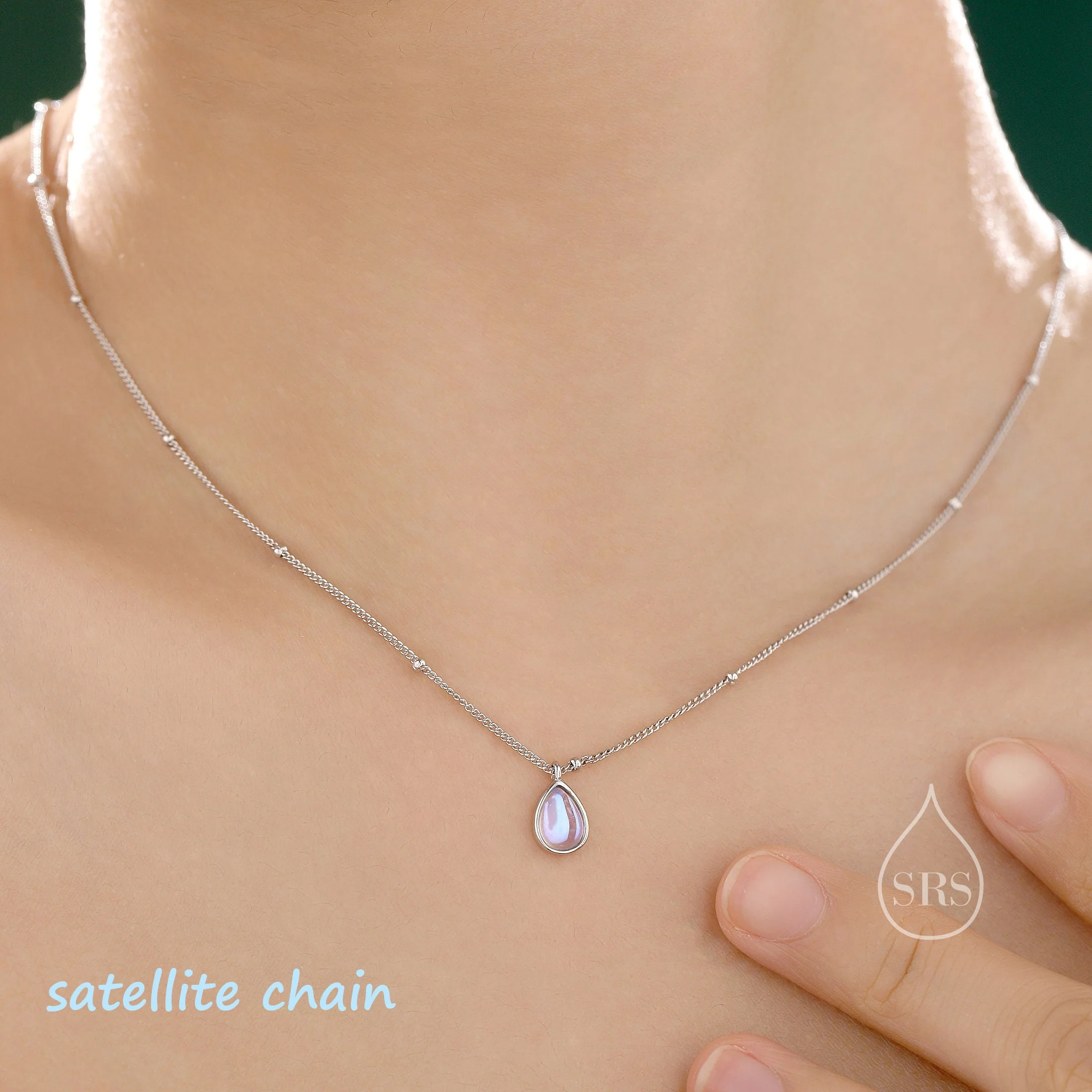 Aurora Moonstone Droplet Pendant Necklace in Sterling Silver, Lab Created Moonstone with Three Chain Types, Pear Cut Simulated Moonstone - Image 3