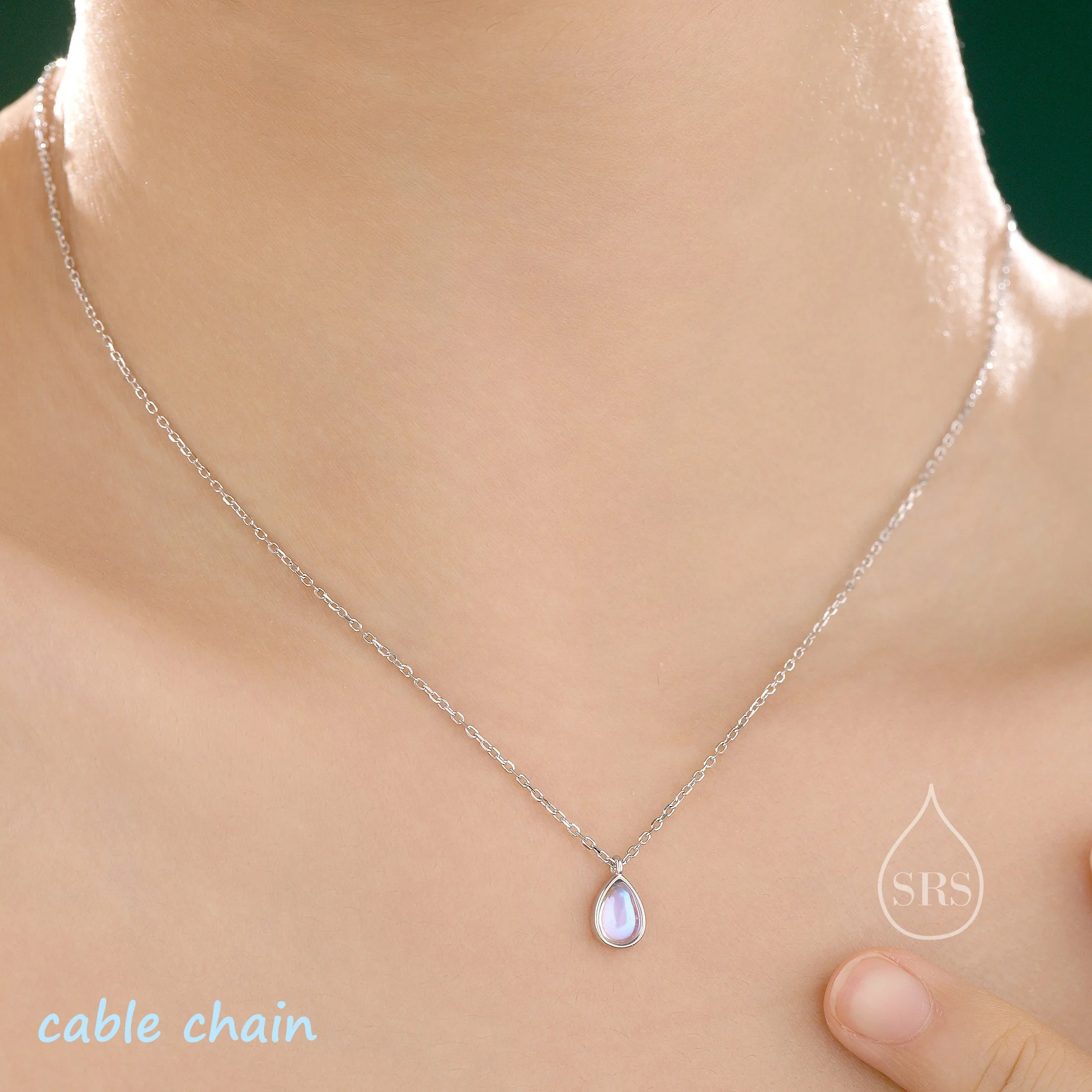 Aurora Moonstone Droplet Pendant Necklace in Sterling Silver, Lab Created Moonstone with Three Chain Types, Pear Cut Simulated Moonstone - Image 4