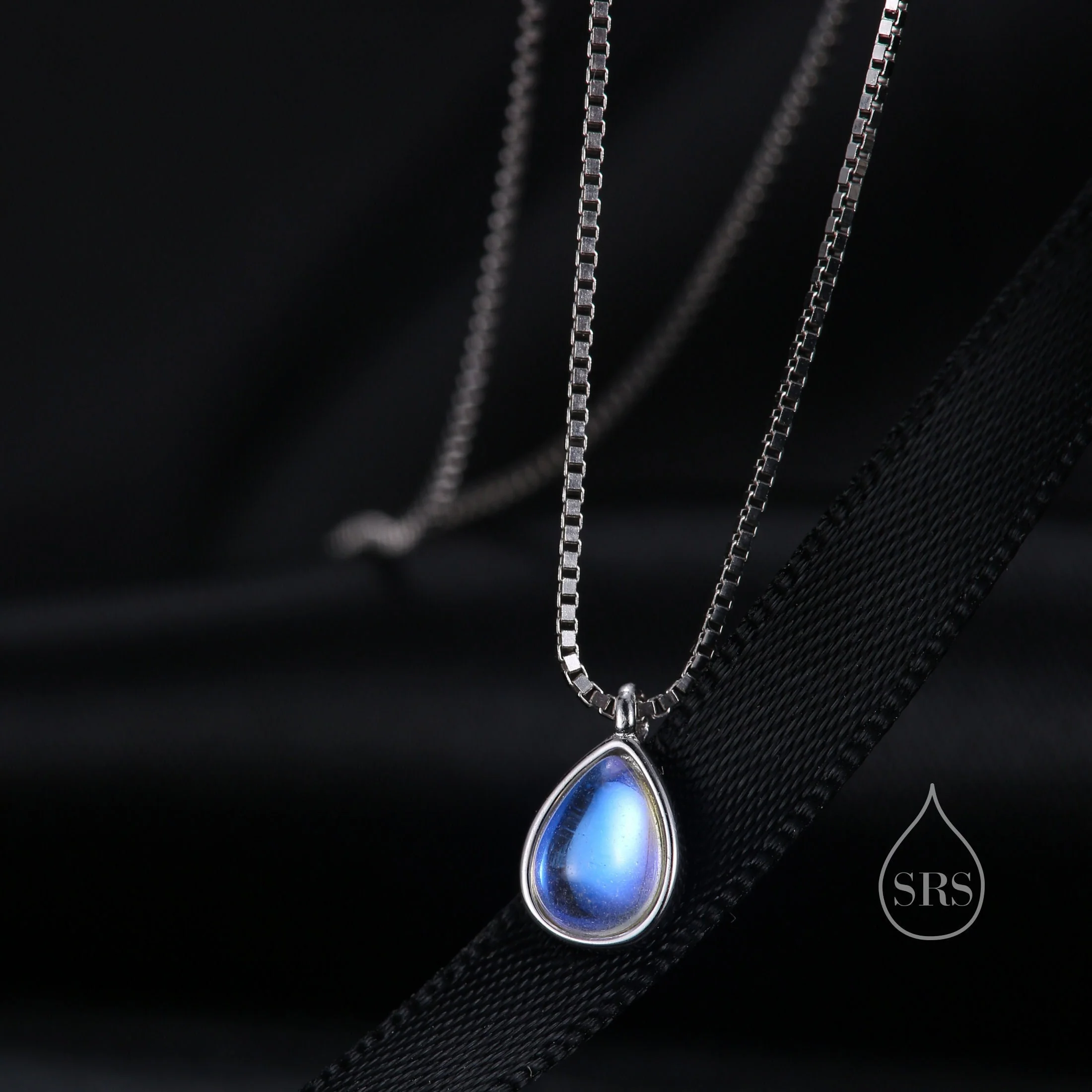 Aurora Moonstone Droplet Pendant Necklace in Sterling Silver, Lab Created Moonstone with Three Chain Types, Pear Cut Simulated Moonstone - Image 5