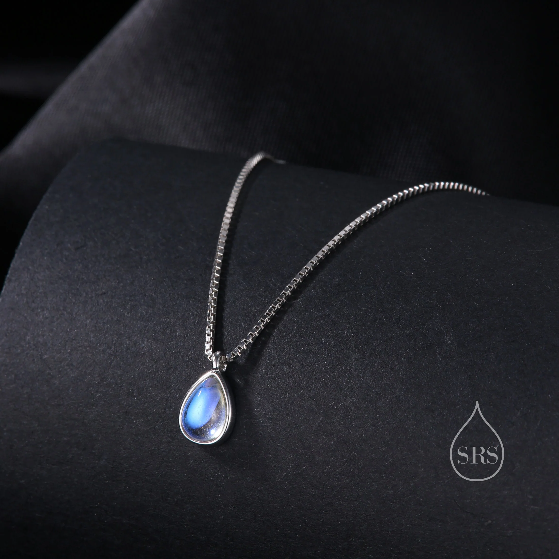 Aurora Moonstone Droplet Pendant Necklace in Sterling Silver, Lab Created Moonstone with Three Chain Types, Pear Cut Simulated Moonstone - Image 6