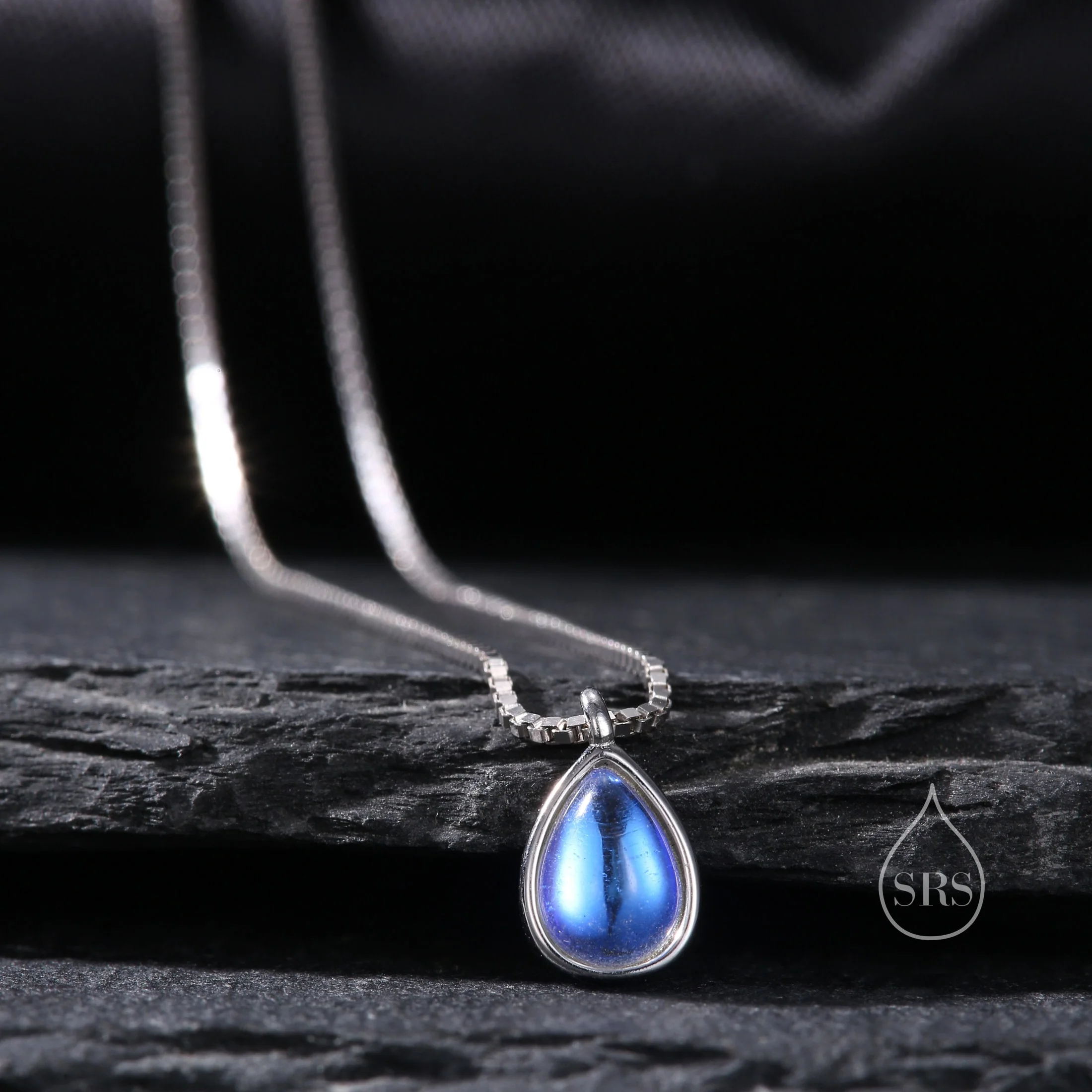 Aurora Moonstone Droplet Pendant Necklace in Sterling Silver, Lab Created Moonstone with Three Chain Types, Pear Cut Simulated Moonstone - Image 7