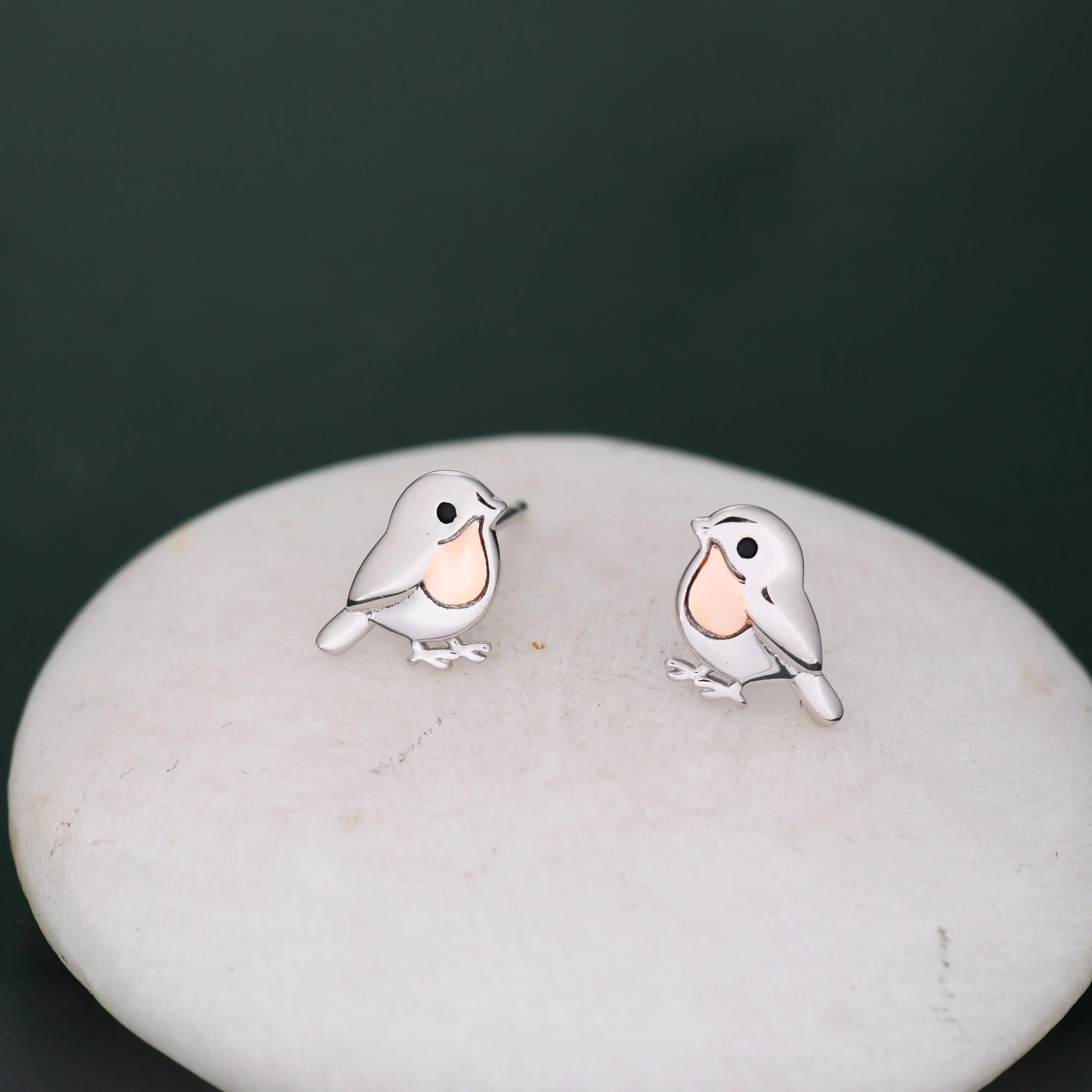 Baby Robin Bird Stud Earrings in Sterling Silver with Two Tone Finish - Partial Rose Gold Coating, British Garden Bird Earrings - Image 2