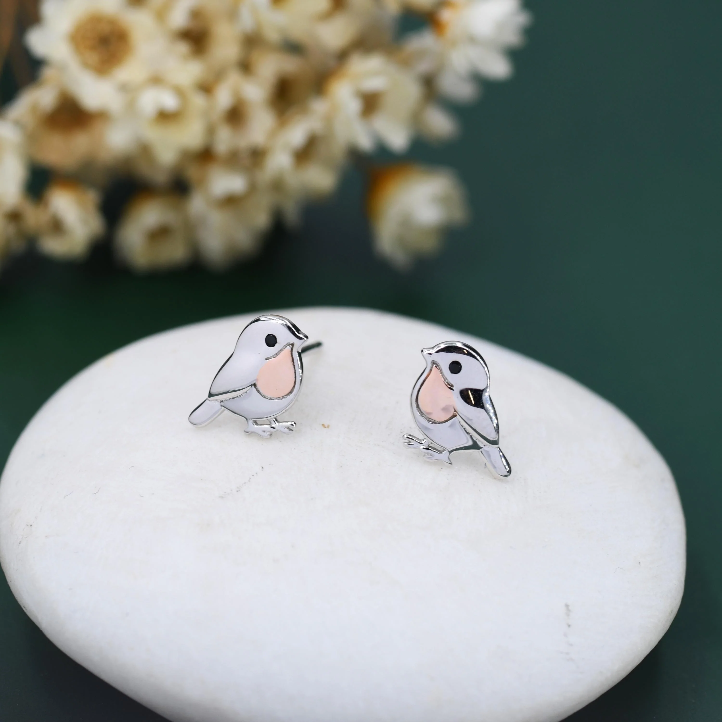 Baby Robin Bird Stud Earrings in Sterling Silver with Two Tone Finish - Partial Rose Gold Coating, British Garden Bird Earrings - Image 3
