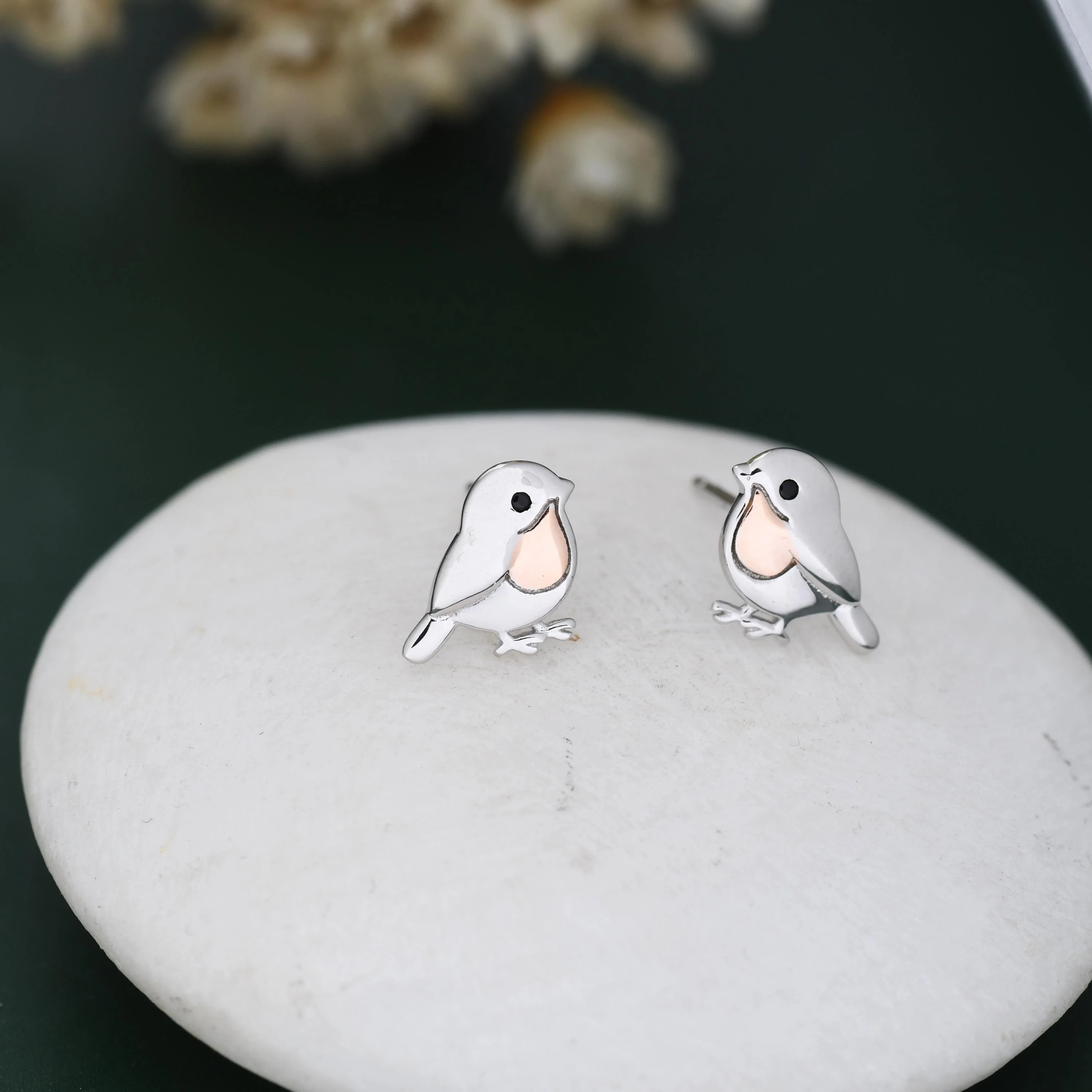Baby Robin Bird Stud Earrings in Sterling Silver with Two Tone Finish - Partial Rose Gold Coating, British Garden Bird Earrings - Image 4