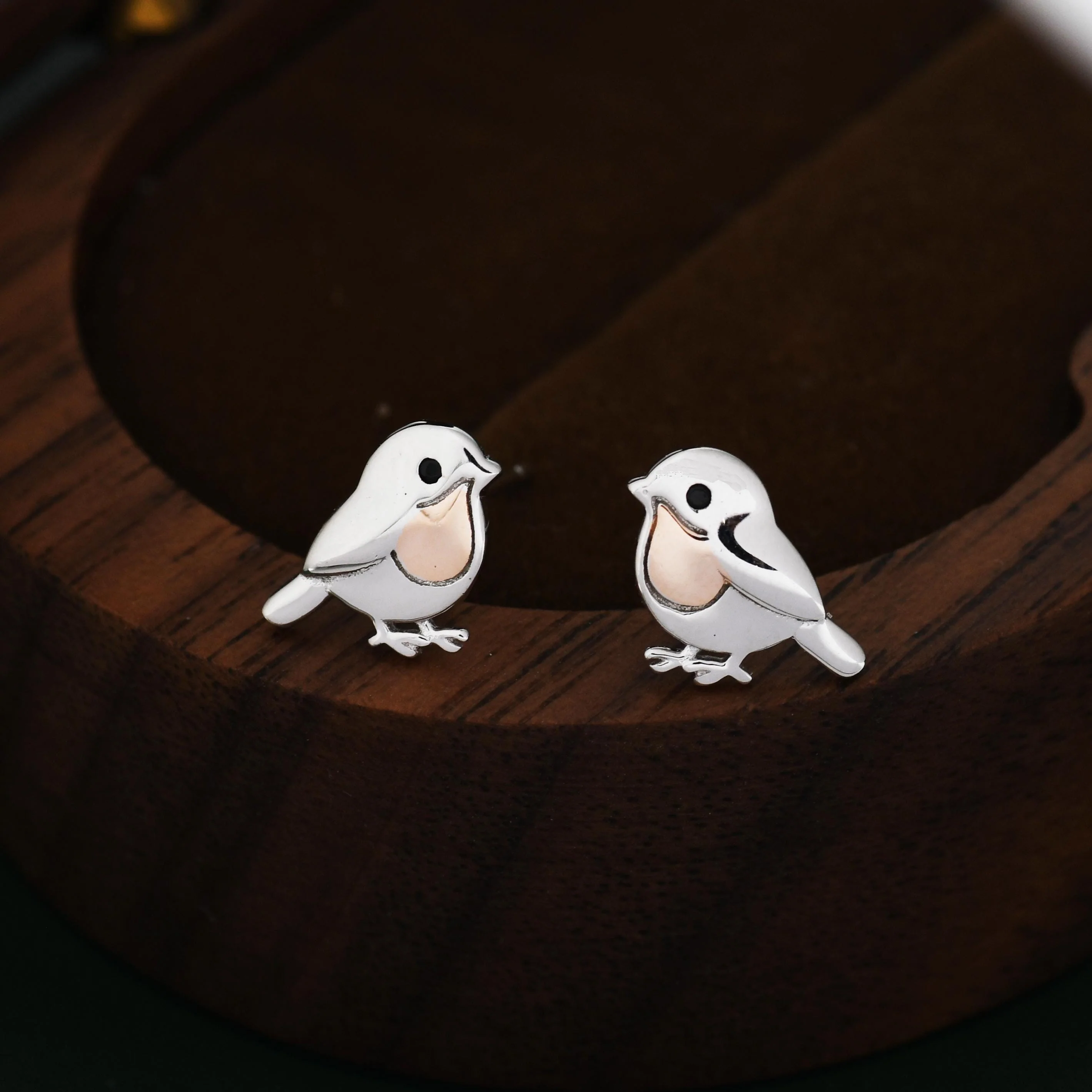 Baby Robin Bird Stud Earrings in Sterling Silver with Two Tone Finish - Partial Rose Gold Coating, British Garden Bird Earrings - Image 5