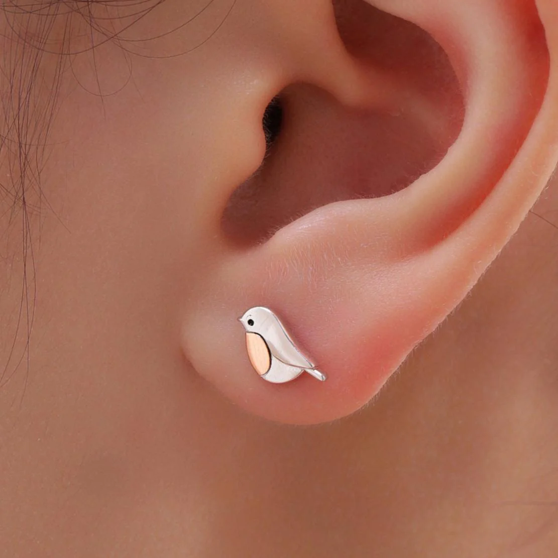 Baby Robin Bird Stud Earrings in Sterling Silver with Two Tone Finish - Partial Rose Gold Coating, British Garden Bird Earrings - Image 6