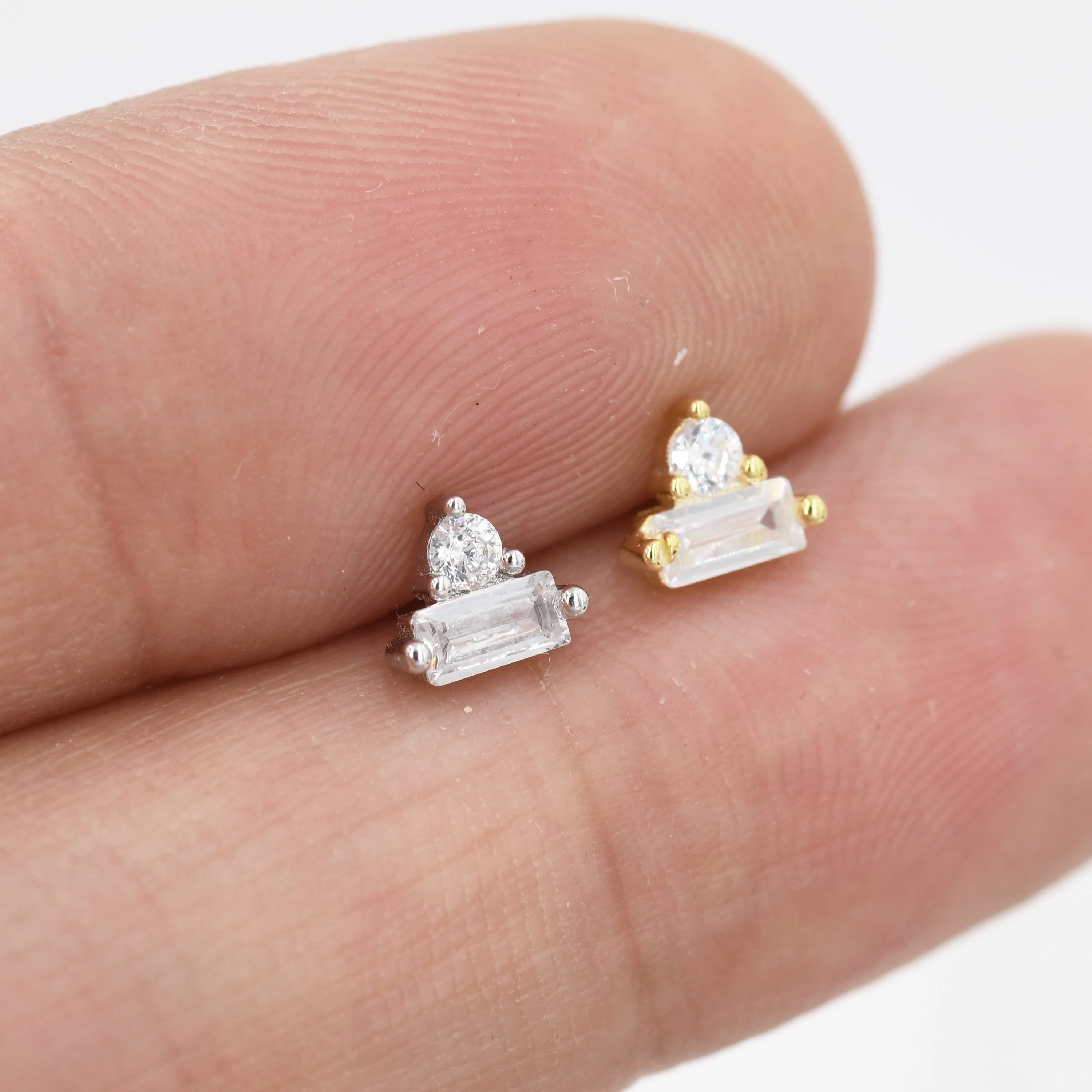 Baguette and Round CZ Stud Earrings in Sterling Silver, Silver or Gold, Geometric CZ Cluster Earrings, Stacking Earrings - Image 4
