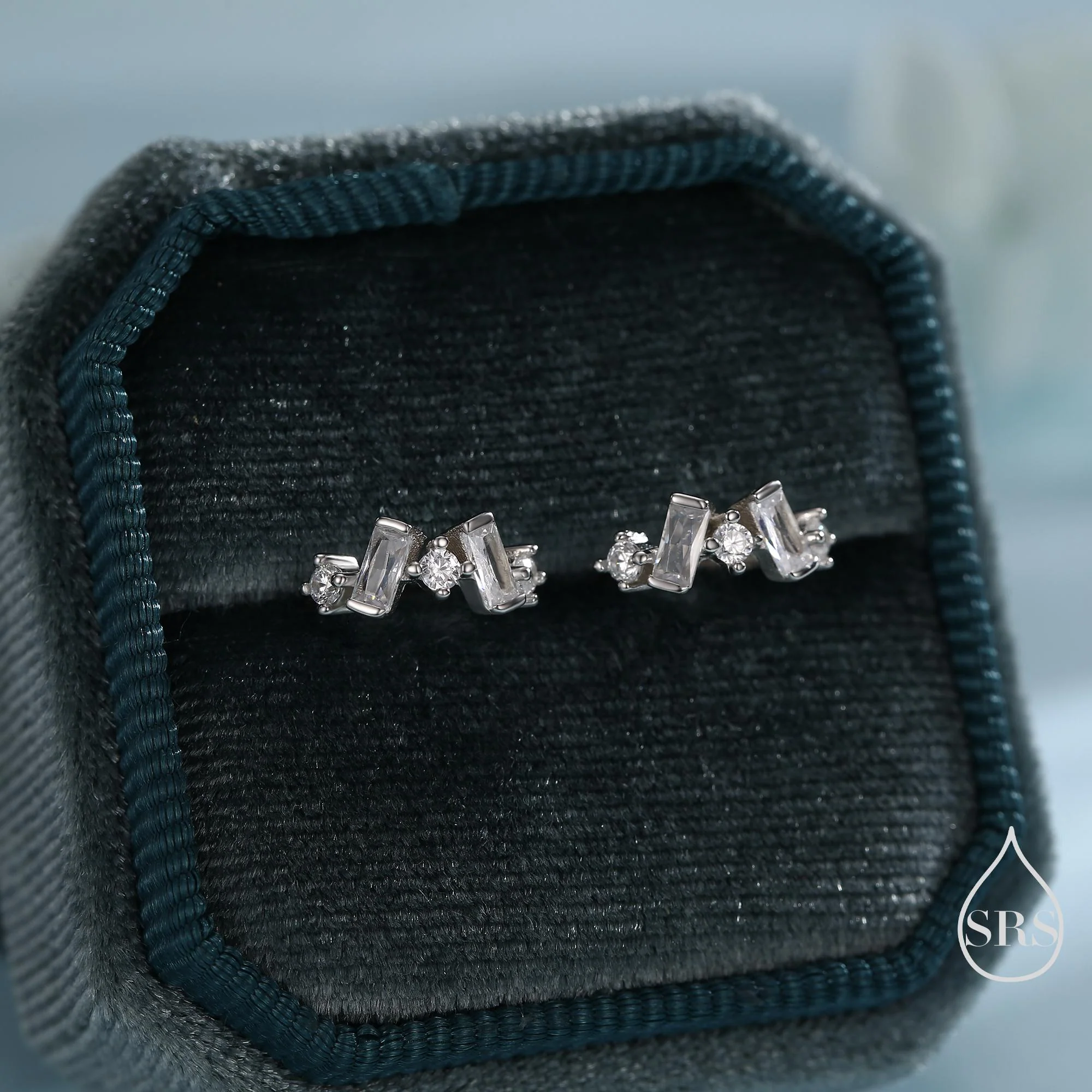 Baguette CZ Cluster Huggie Hoop in Sterling Silver, Silver or Gold, Geometric Hoop Earrings - Image 2