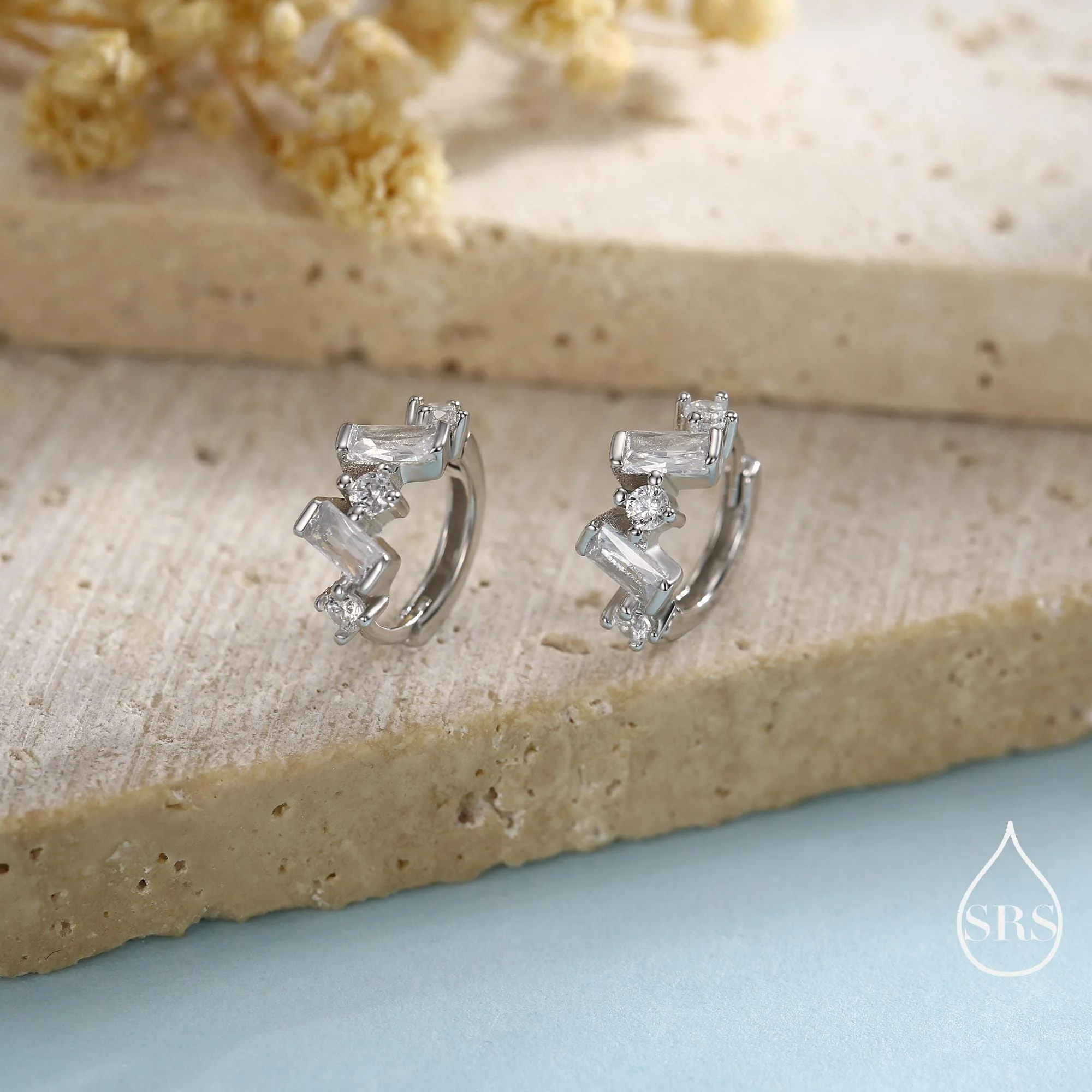 Baguette CZ Cluster Huggie Hoop in Sterling Silver, Silver or Gold, Geometric Hoop Earrings - Image 4