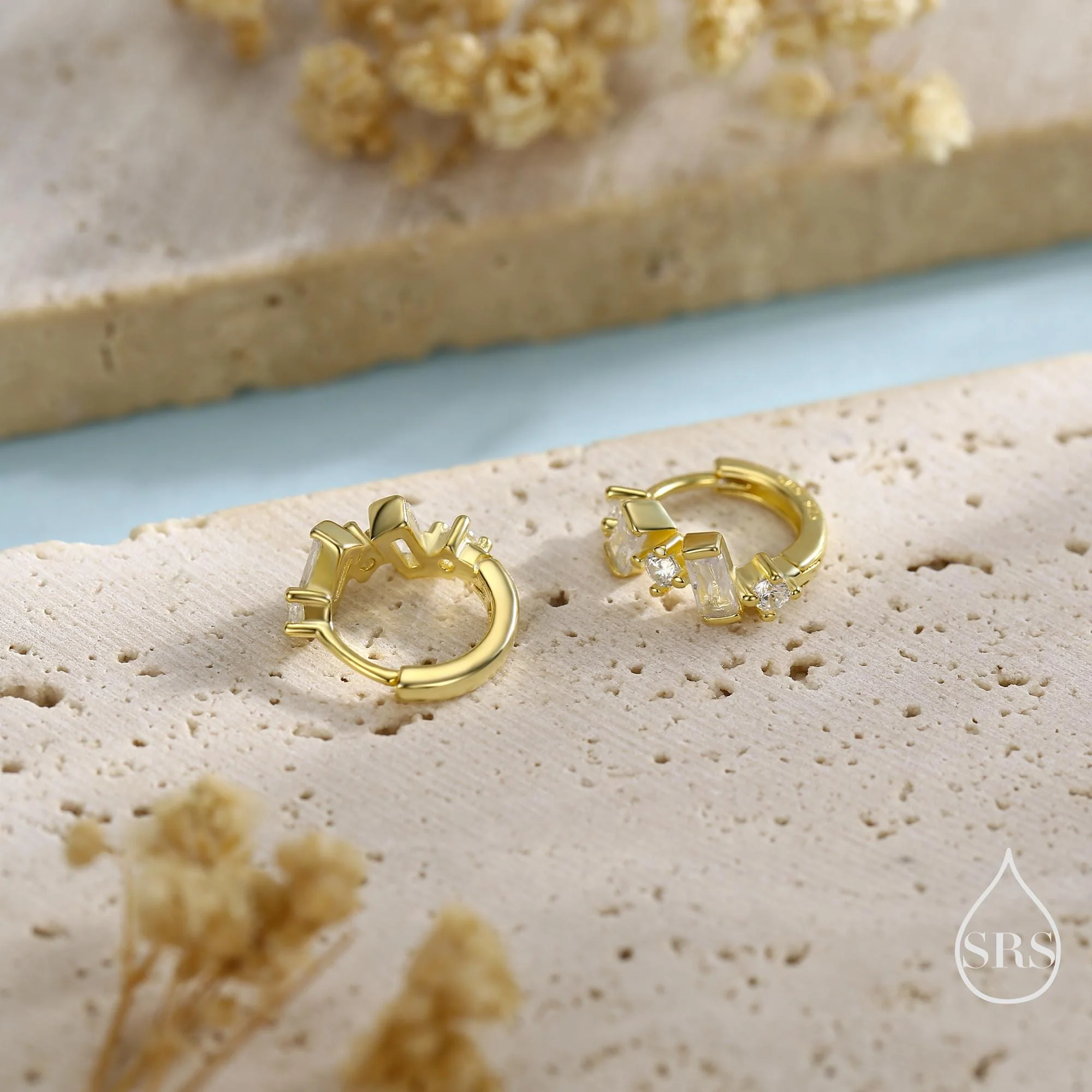 Baguette CZ Cluster Huggie Hoop in Sterling Silver, Silver or Gold, Geometric Hoop Earrings - Image 5