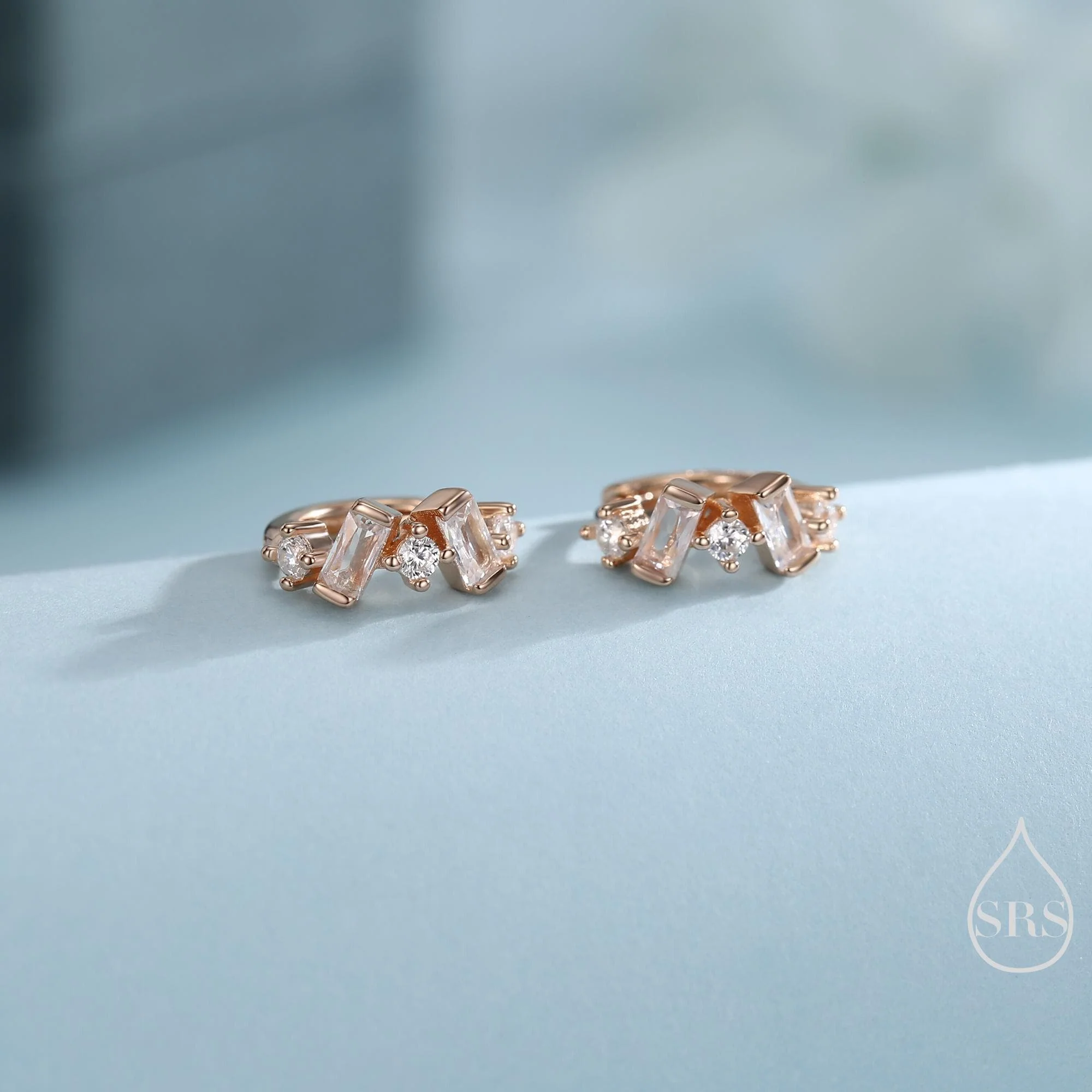 Baguette CZ Cluster Huggie Hoop in Sterling Silver, Silver or Gold, Geometric Hoop Earrings - Image 6