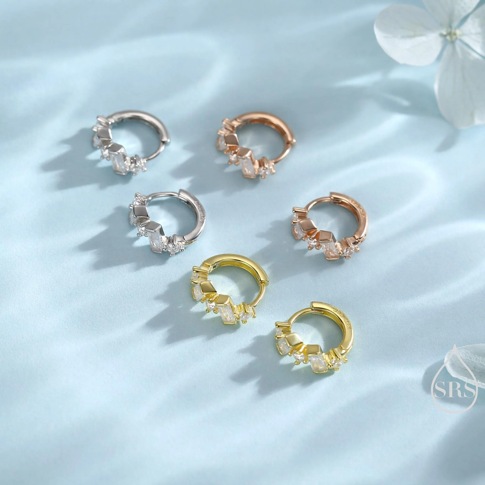 Baguette CZ Cluster Huggie Hoop in Sterling Silver, Silver or Gold, Geometric Hoop Earrings - Image 7