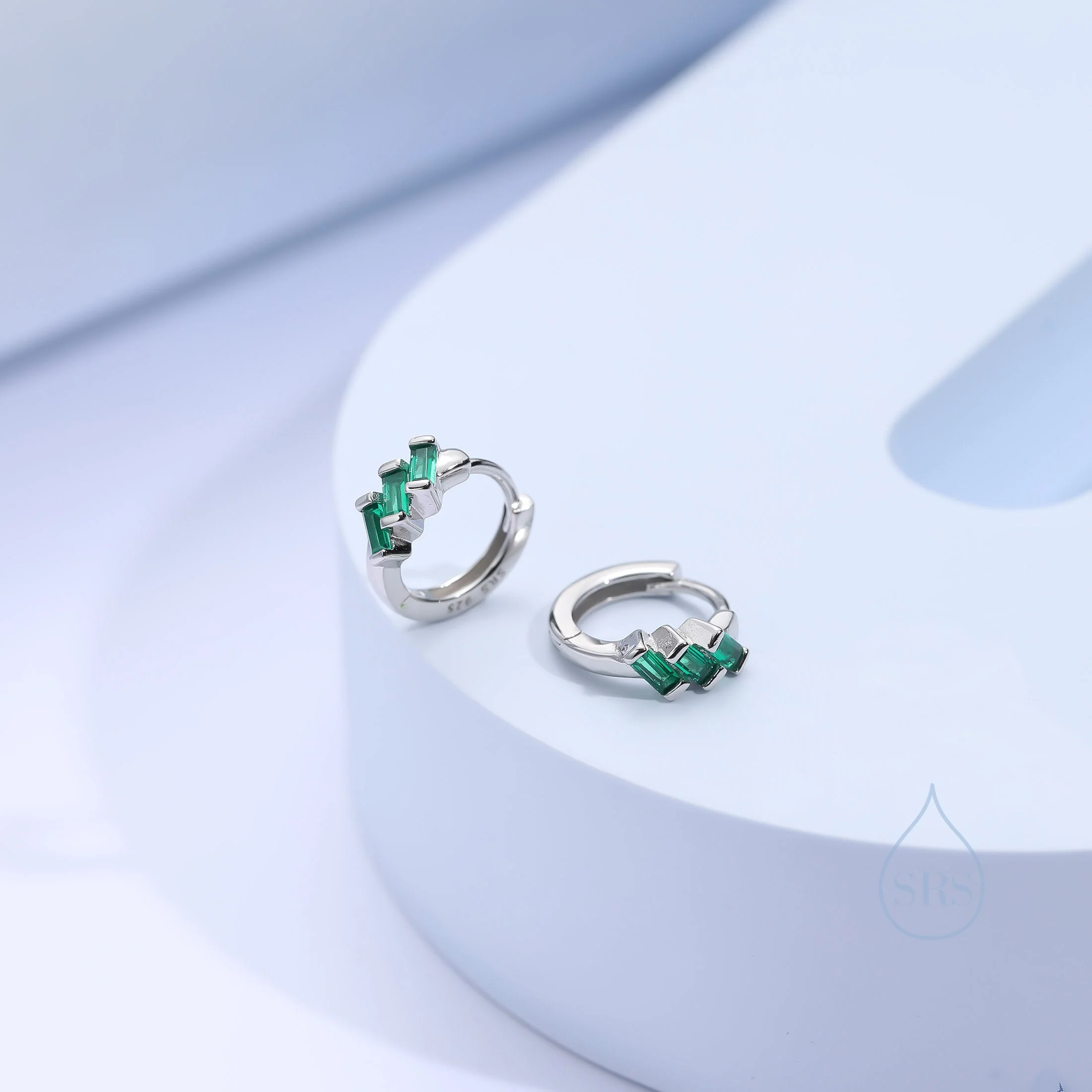 Baguette CZ Cluster Huggie Hoop in Sterling Silver, Silver or Gold, Geometric Hoop Earrings, Green, Blue, Purple or Clear CZ