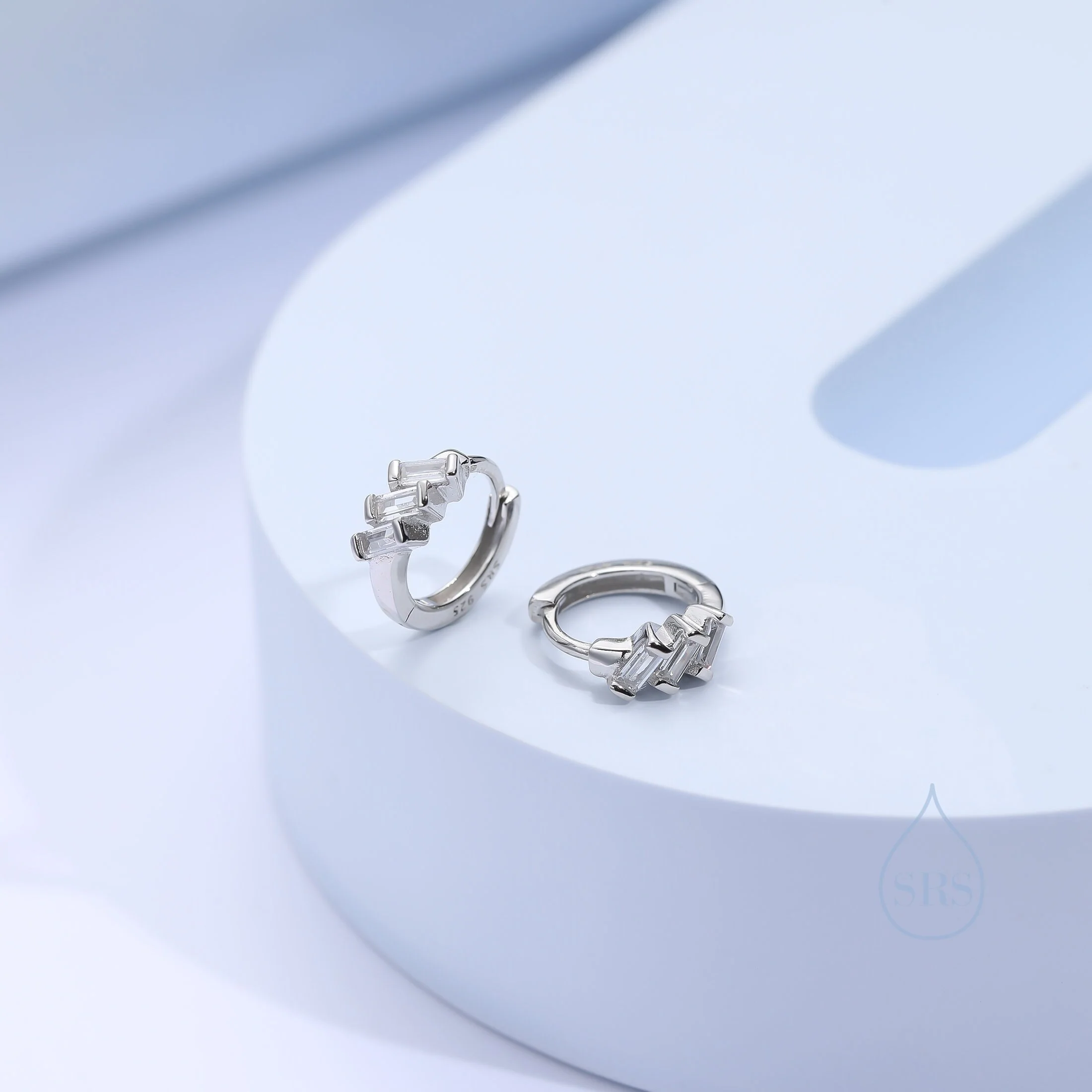 Baguette CZ Cluster Huggie Hoop in Sterling Silver, Silver or Gold, Geometric Hoop Earrings, Green, Blue, Purple or Clear CZ - Image 6