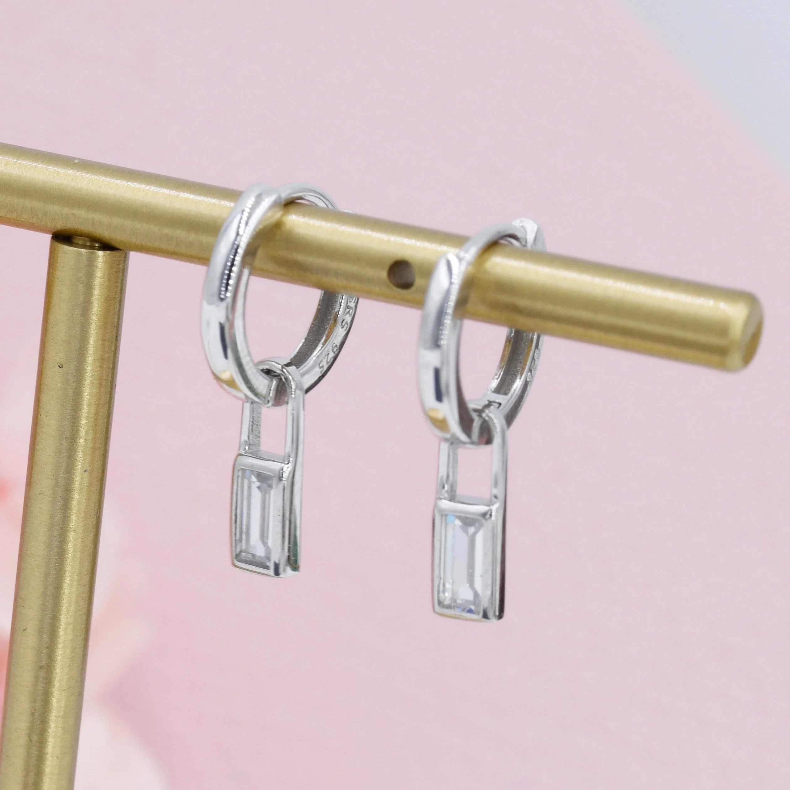Baguette CZ Huggie Hoop in Sterling Silver, Silver or Gold, Diamond CZ Minimalist Hoop Earrings, Detachable and Interchangeable, - Image 8