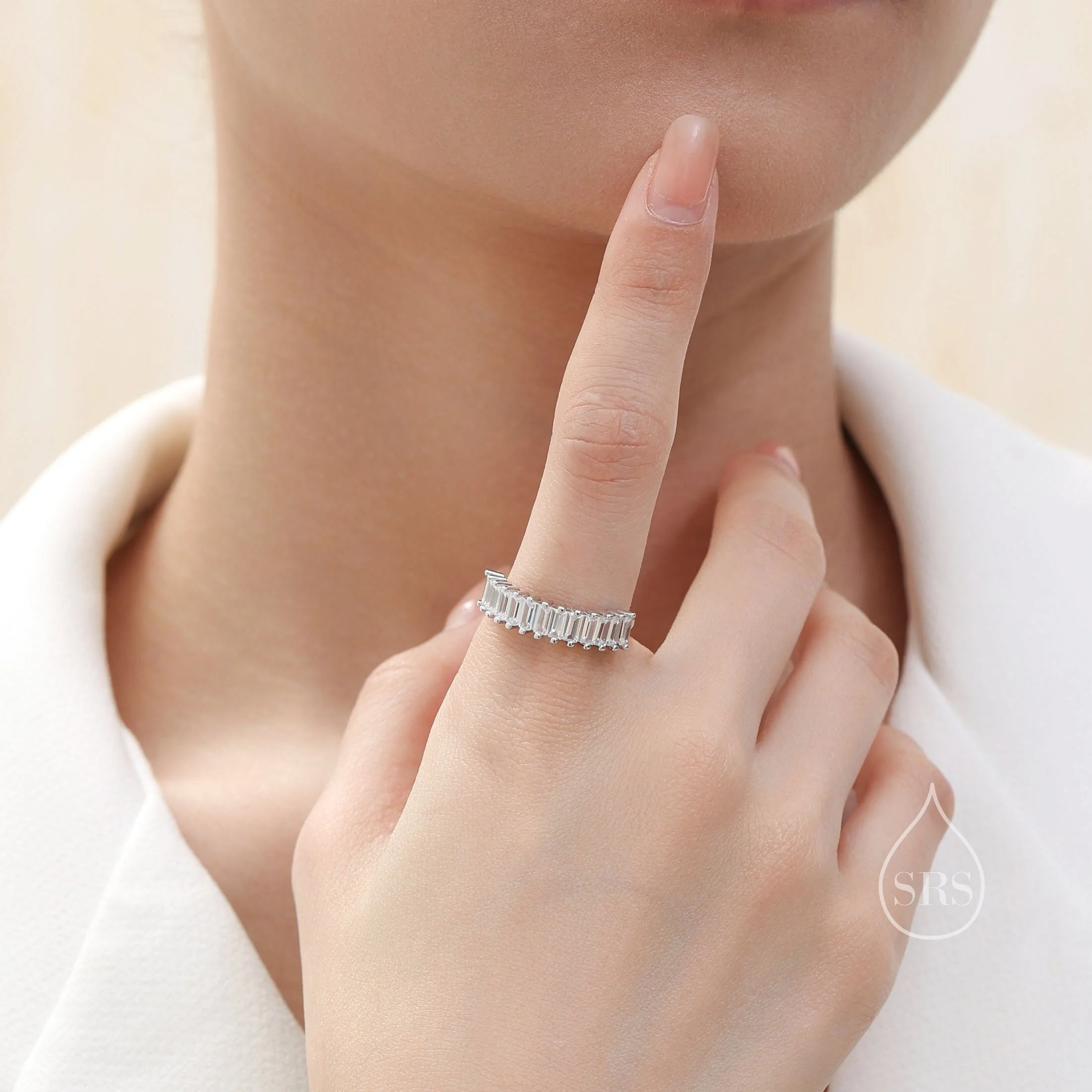 Baguette CZ Ring in Sterling Silver, Blue or Green, Half Eternity Ring, Half Infinity Ring, Silver or Gold, CZ Cluster Ring, US 5 - 7 - Image 3