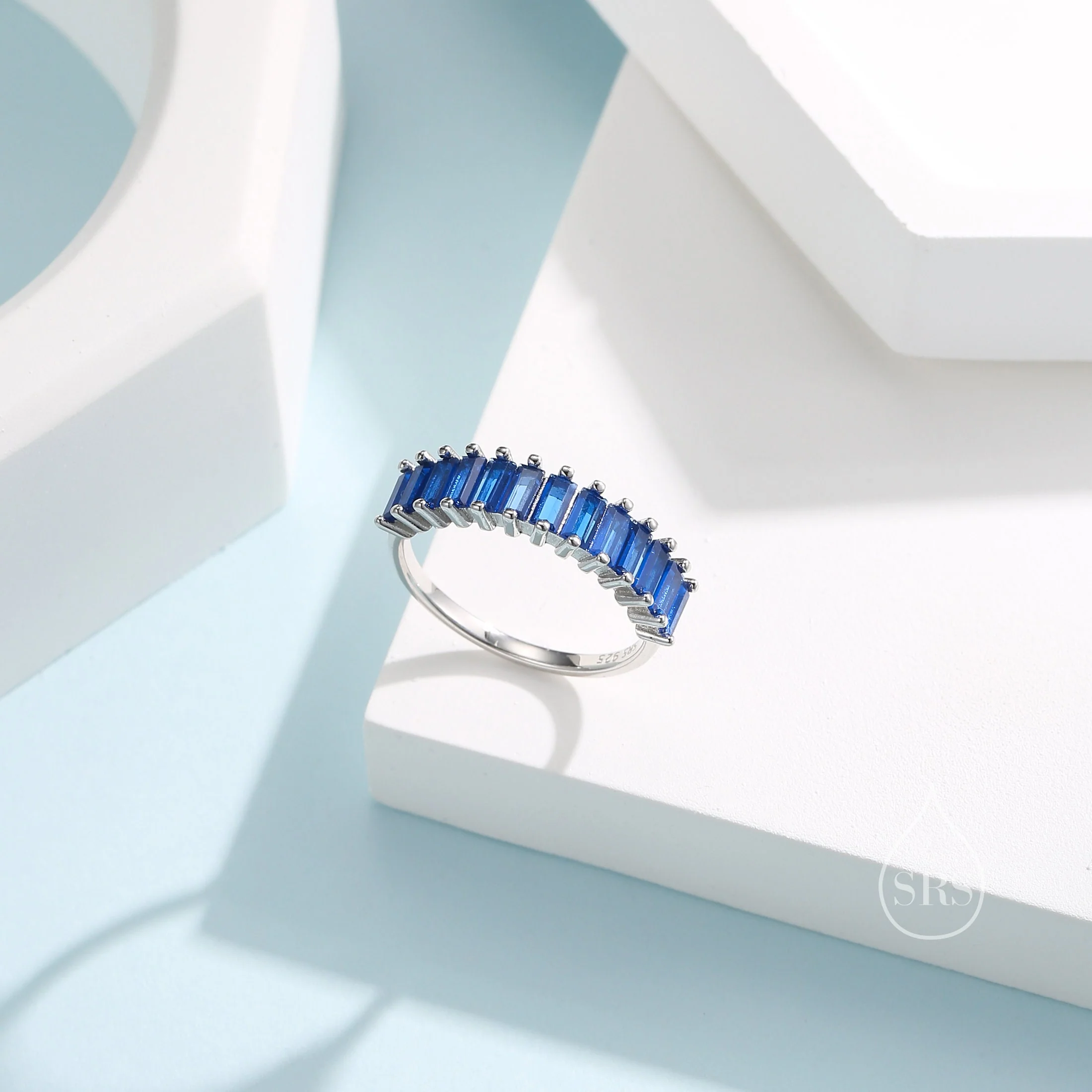 Baguette CZ Ring in Sterling Silver, Blue or Green, Half Eternity Ring, Half Infinity Ring, Silver or Gold, CZ Cluster Ring, US 5 - 7 - Image 5