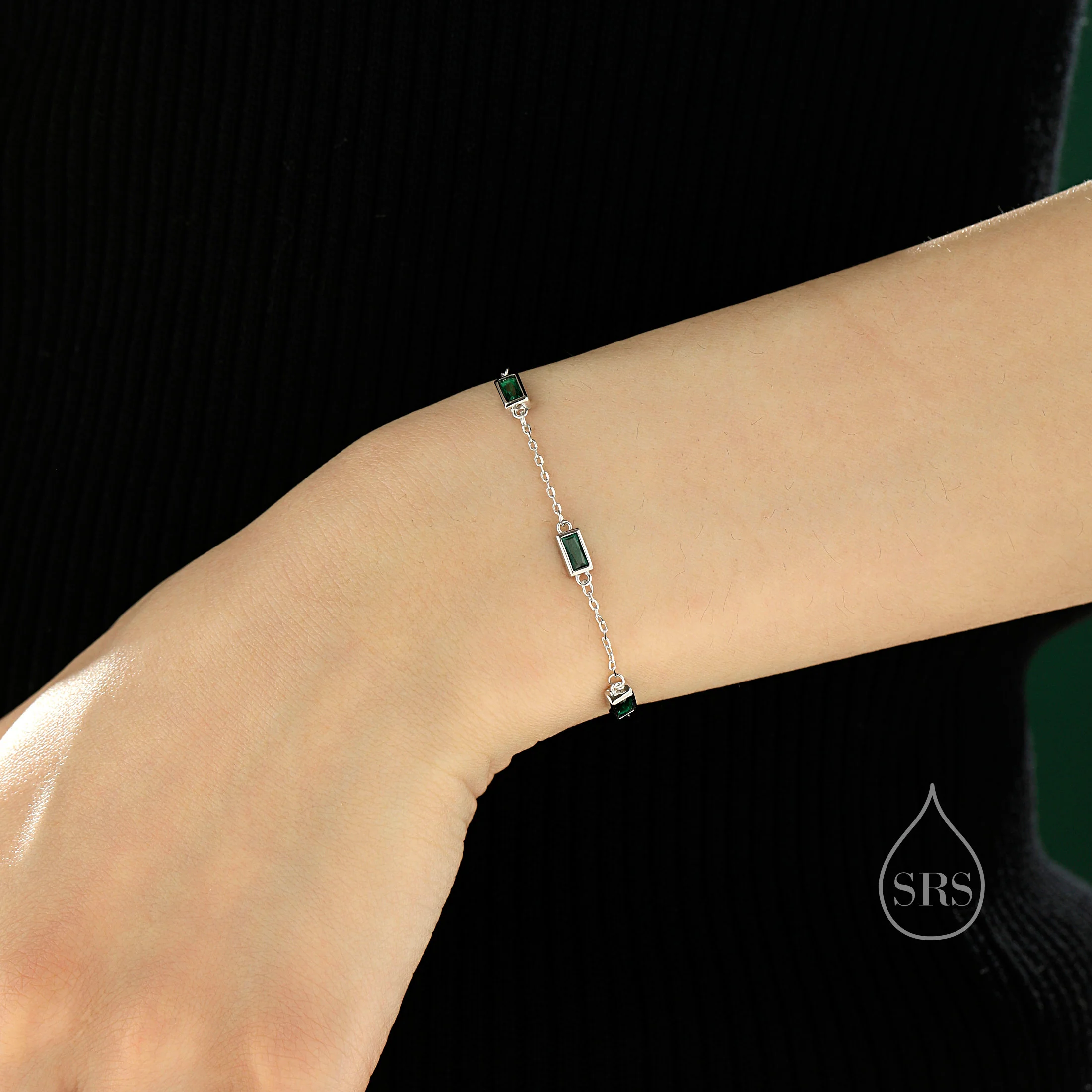 Baguette CZ Satellite Bracelet in Sterling Silver, Silver or Gold, Five Baguette CZ Bracelet, Chain Bracelet, Delicate CZ Bracelet - Image 3