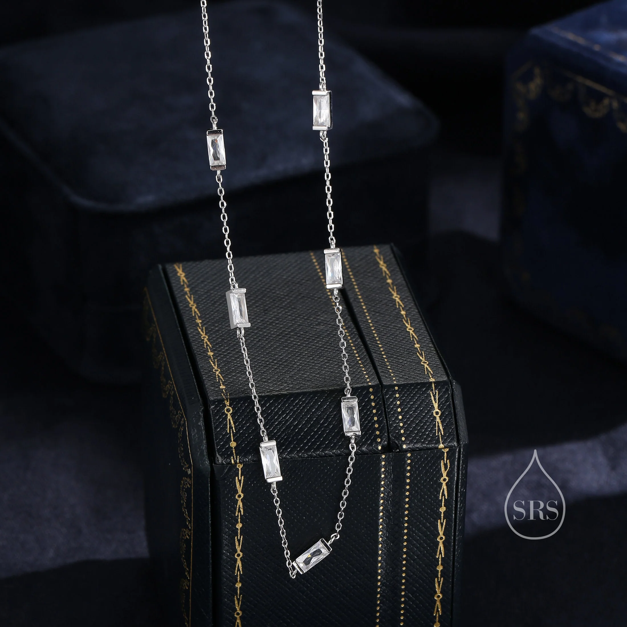 Baguette CZ Satellite Necklace in Sterling Silver, Silver or Gold, Sterling Silver Clear CZ Baguette Chain Necklace - Image 2