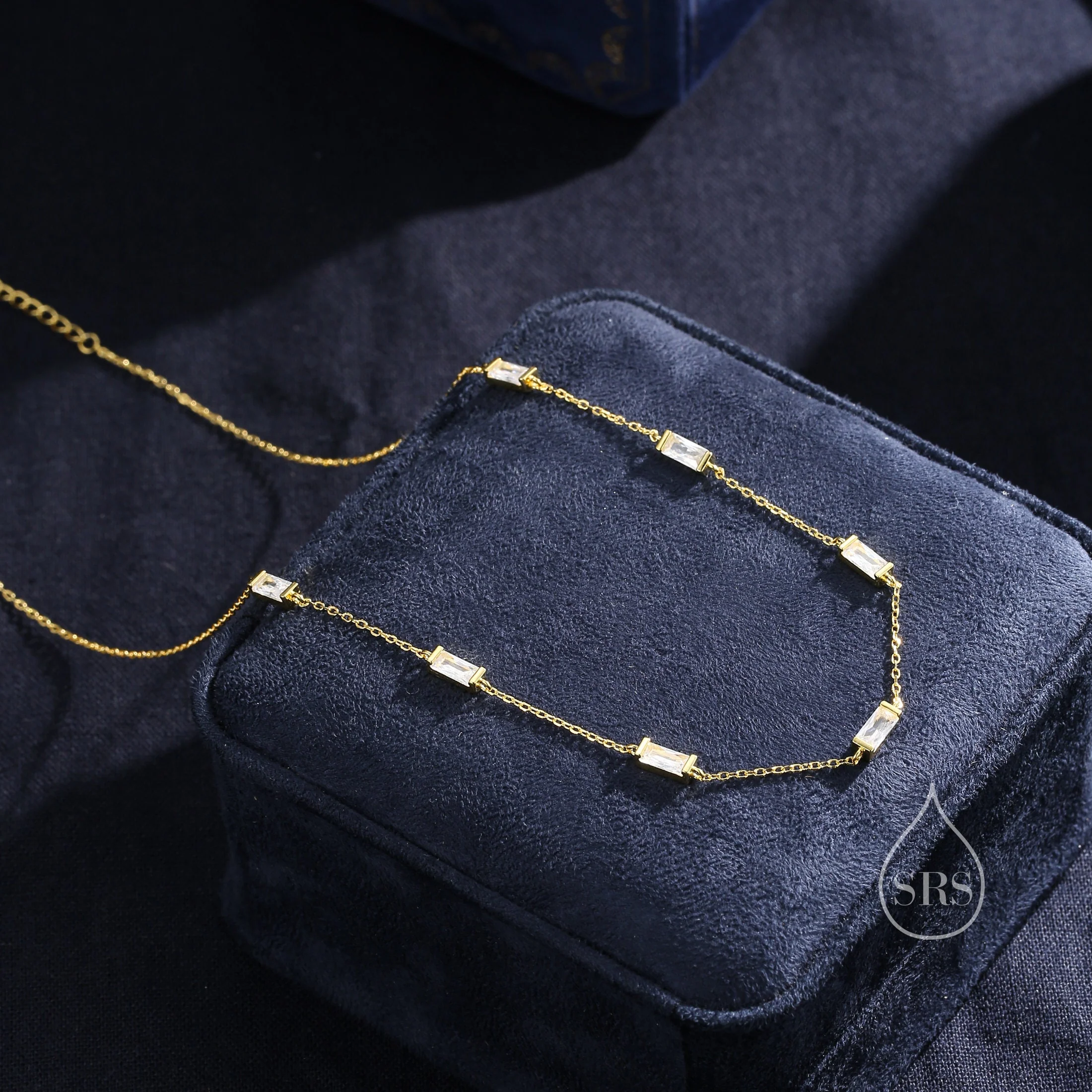 Baguette CZ Satellite Necklace in Sterling Silver, Silver or Gold, Sterling Silver Clear CZ Baguette Chain Necklace - Image 3