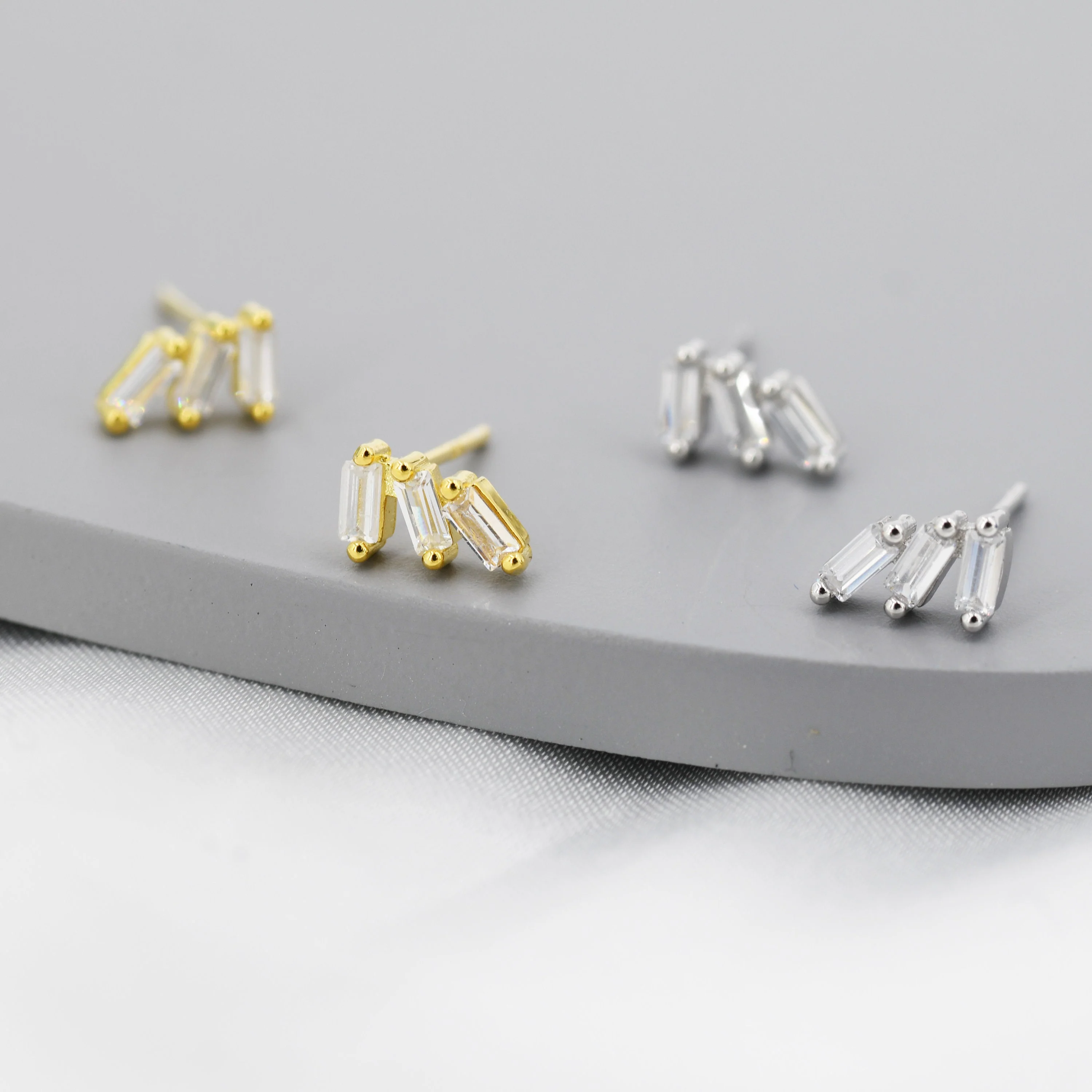 Baguette CZ Trio Stud Earrings in Sterling Silver, Silver or Gold, Irregular Shaped CZ Cluster Earrings, Stacking Earrings - Image 3