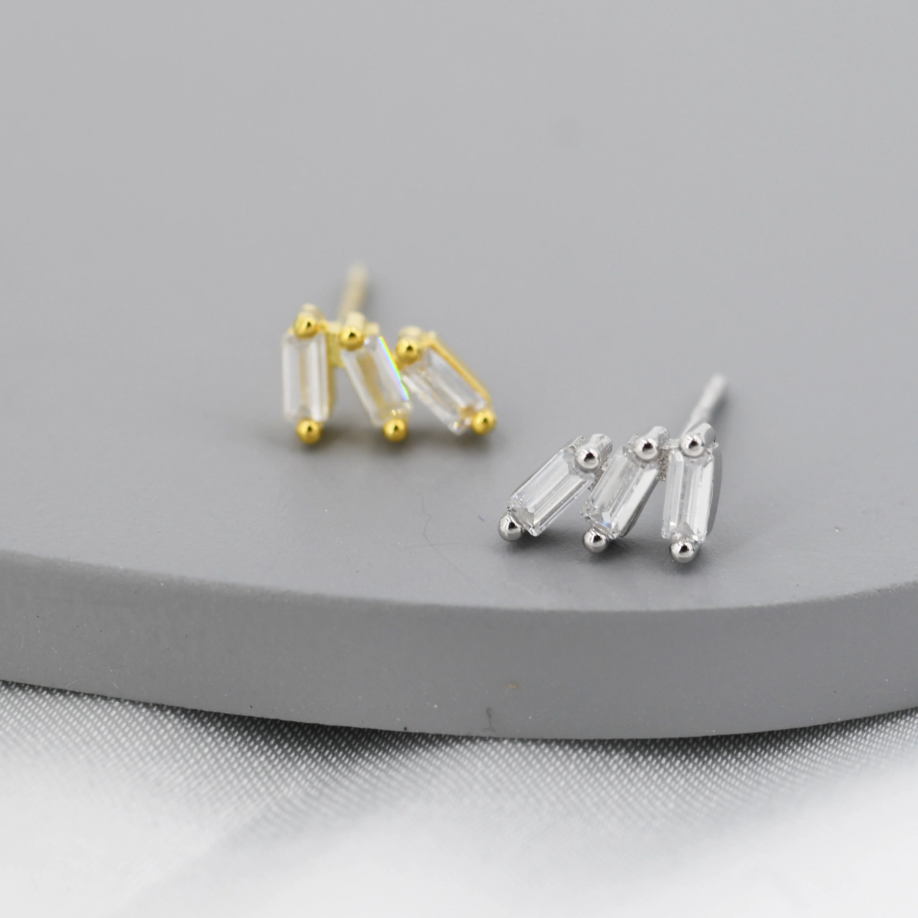 Baguette CZ Trio Stud Earrings in Sterling Silver, Silver or Gold, Irregular Shaped CZ Cluster Earrings, Stacking Earrings - Image 4