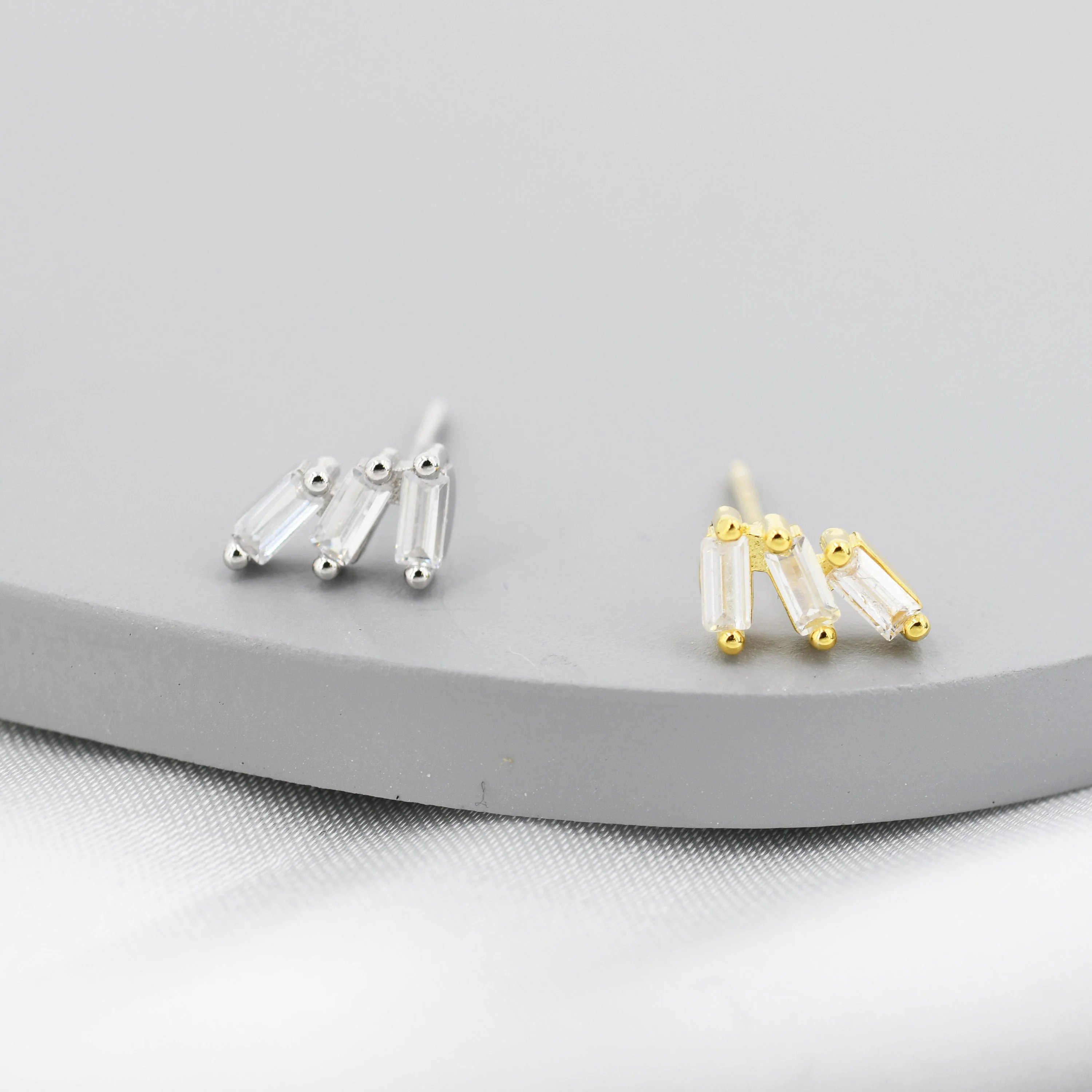 Baguette CZ Trio Stud Earrings in Sterling Silver, Silver or Gold, Irregular Shaped CZ Cluster Earrings, Stacking Earrings - Image 5