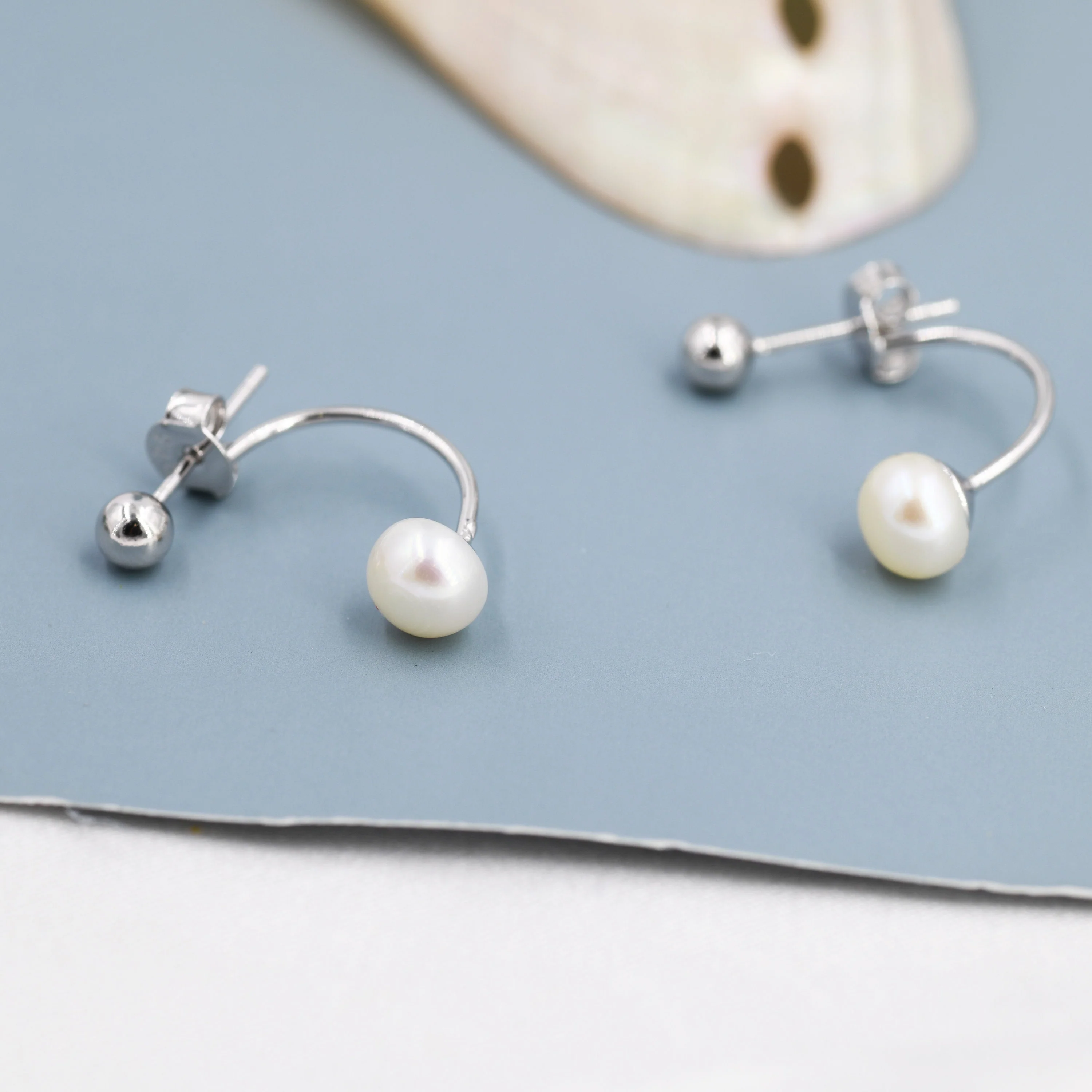 Ball and Natural Freshwater Pearl Ear Jacket in Sterling Silver, Silver or Gold, Front and Back Earrings , Dainty Jewellery - Image 6