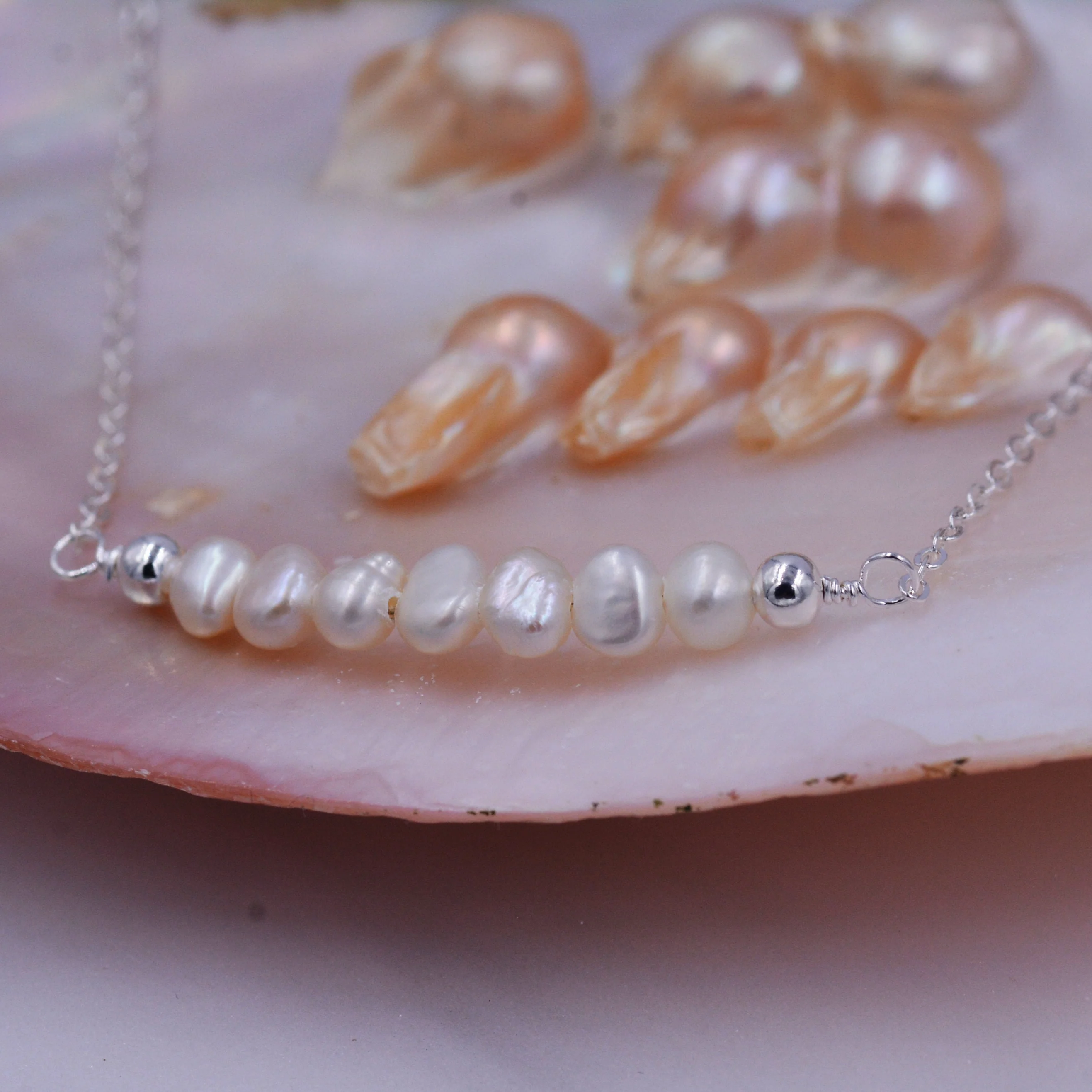 Baroque Pearl Bar Necklace in Sterling Silver, Delicate Keshi Pearl Layering Necklace, Tiny Delicate , Irregular Shape Fresh Water Pearl - Image 7
