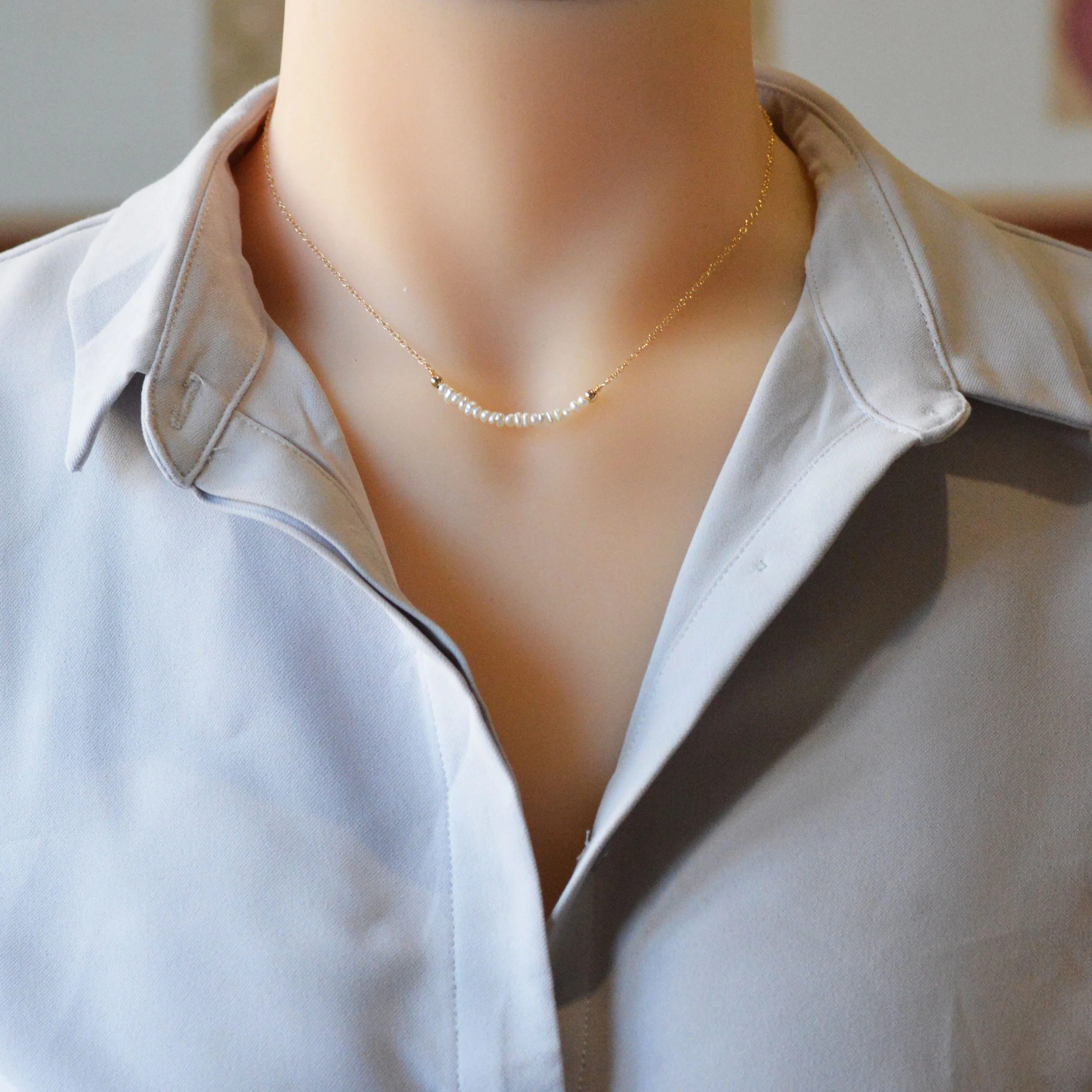Baroque Pearl Bar Necklace in Sterling Silver, Delicate Keshi Pearl Layering Necklace, Tiny Delicate , Irregular Shape Fresh Water Pearl - Image 8