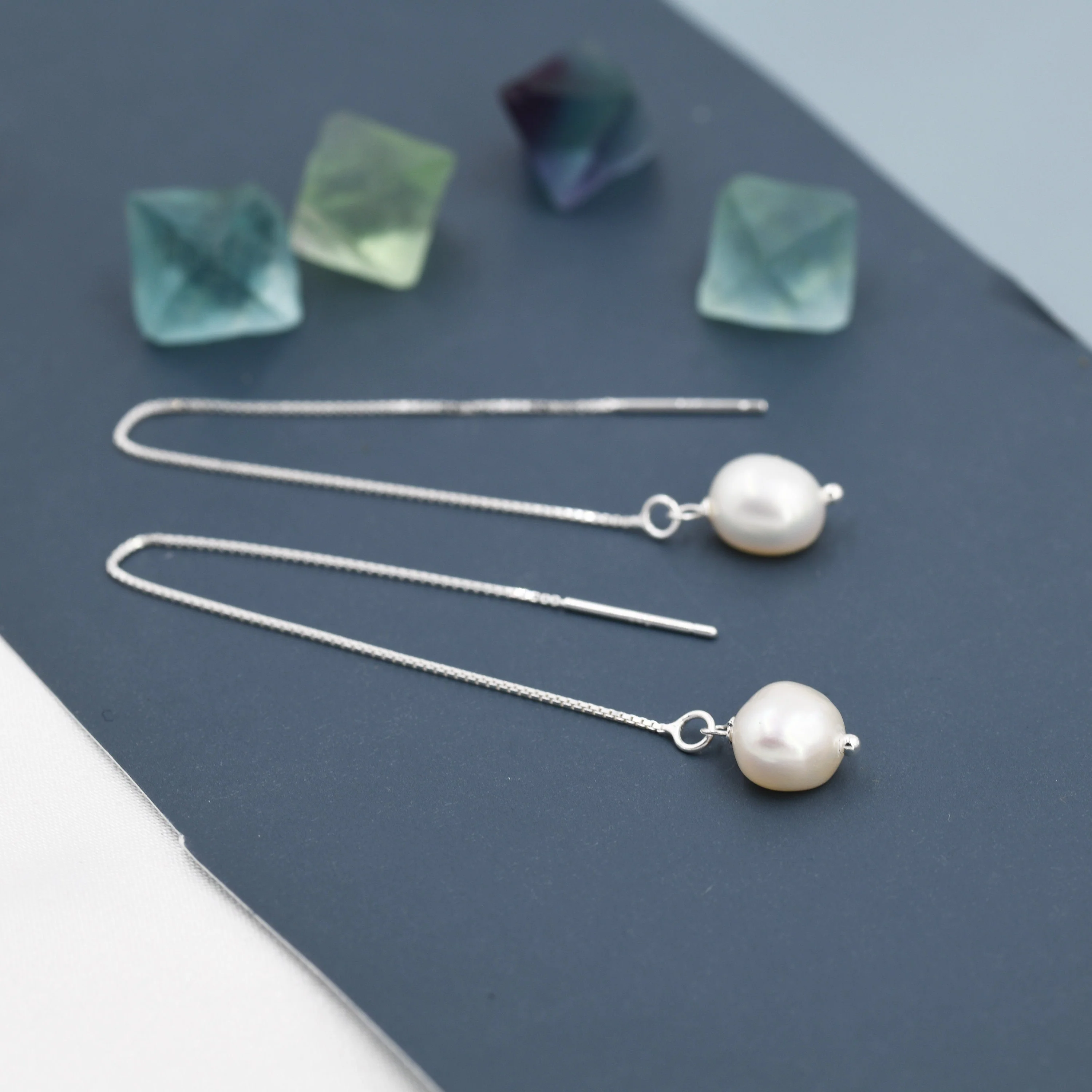 Baroque Pearl Threader Earrings in Sterling Silver, 9cm Long Ear Threaders, Natural Freshwater Pearls, Drop Ear Threaders, - Image 2