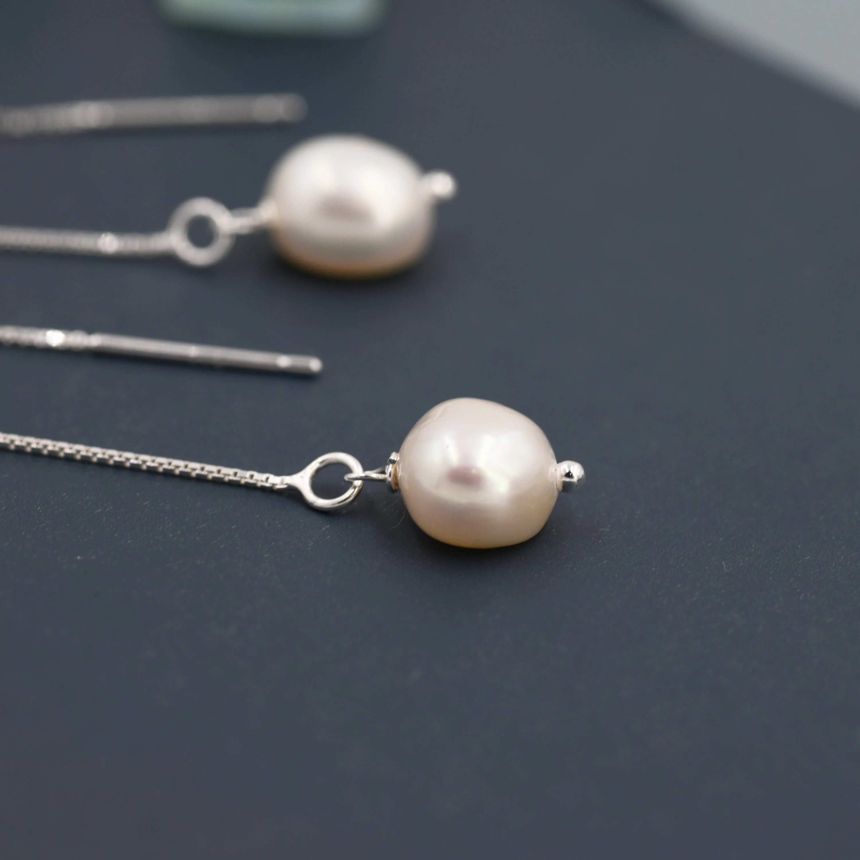Baroque Pearl Threader Earrings in Sterling Silver, 9cm Long Ear Threaders, Natural Freshwater Pearls, Drop Ear Threaders, - Image 3