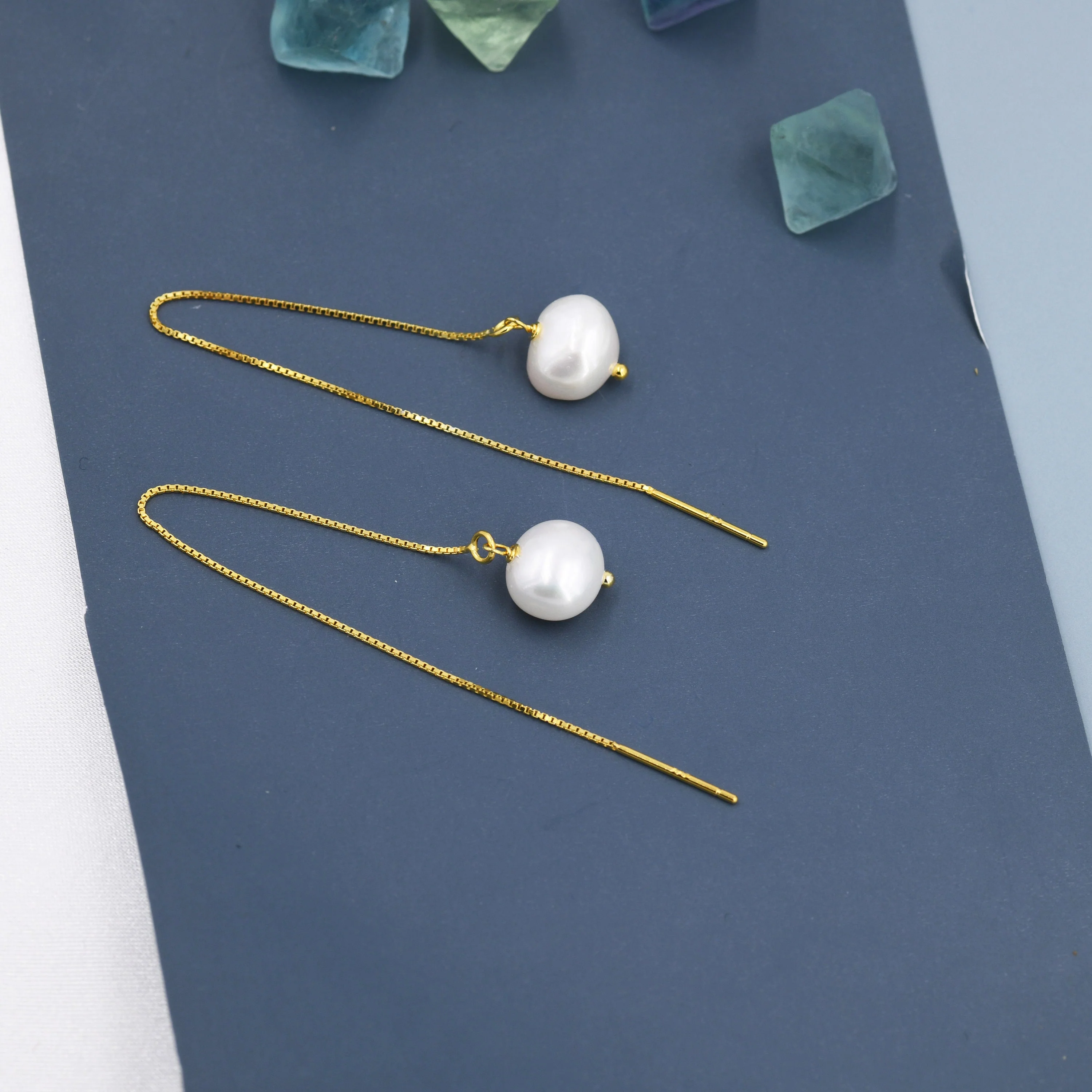 Baroque Pearl Threader Earrings in Sterling Silver, 9cm Long Ear Threaders, Natural Freshwater Pearls, Drop Ear Threaders, - Image 5