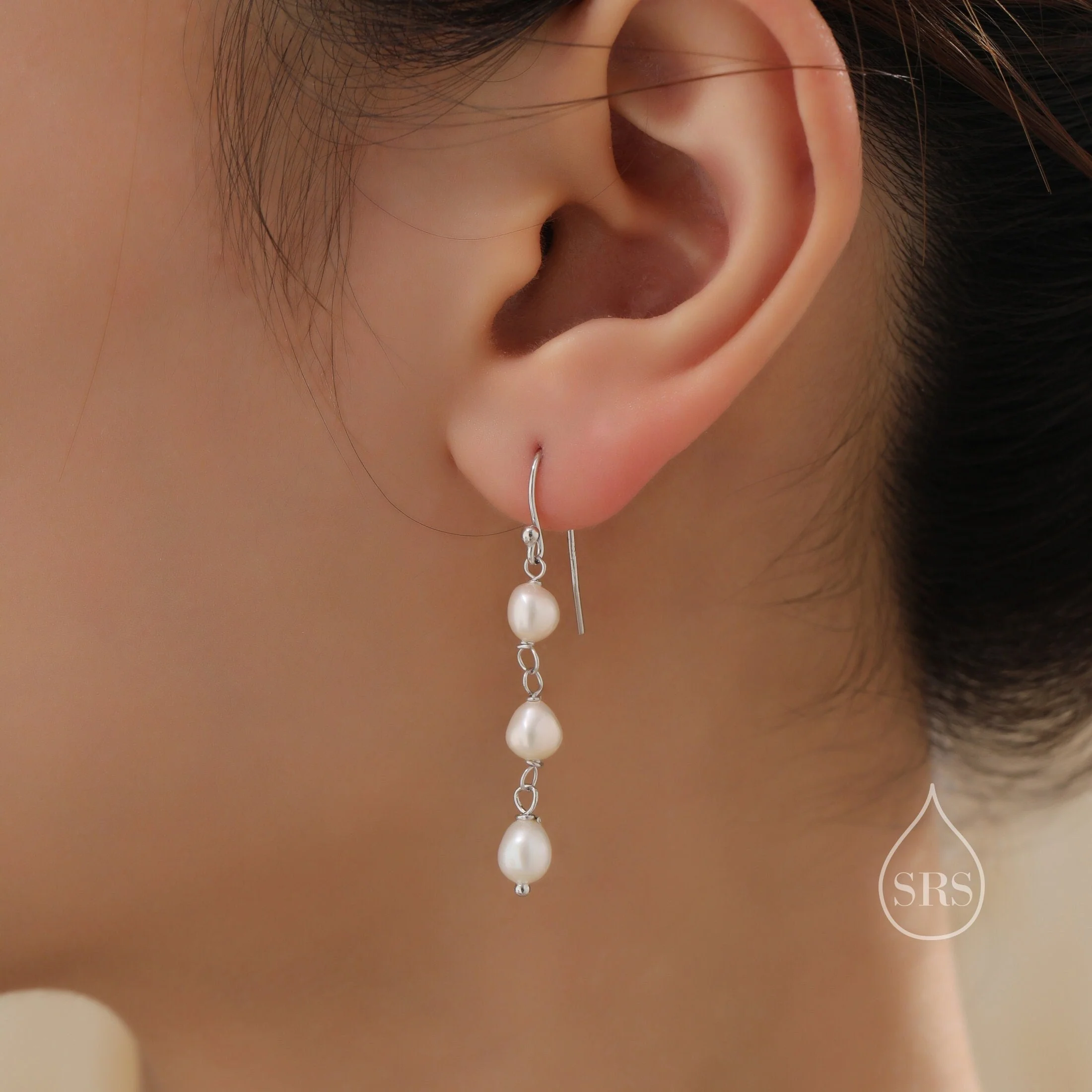 Baroque Pearl Trio Drop Hook Earrings in Sterling Silver, Silver or Gold, Irregular Shape Pearl Drop Earrings, Natural Freshwater Pearls - Image 2