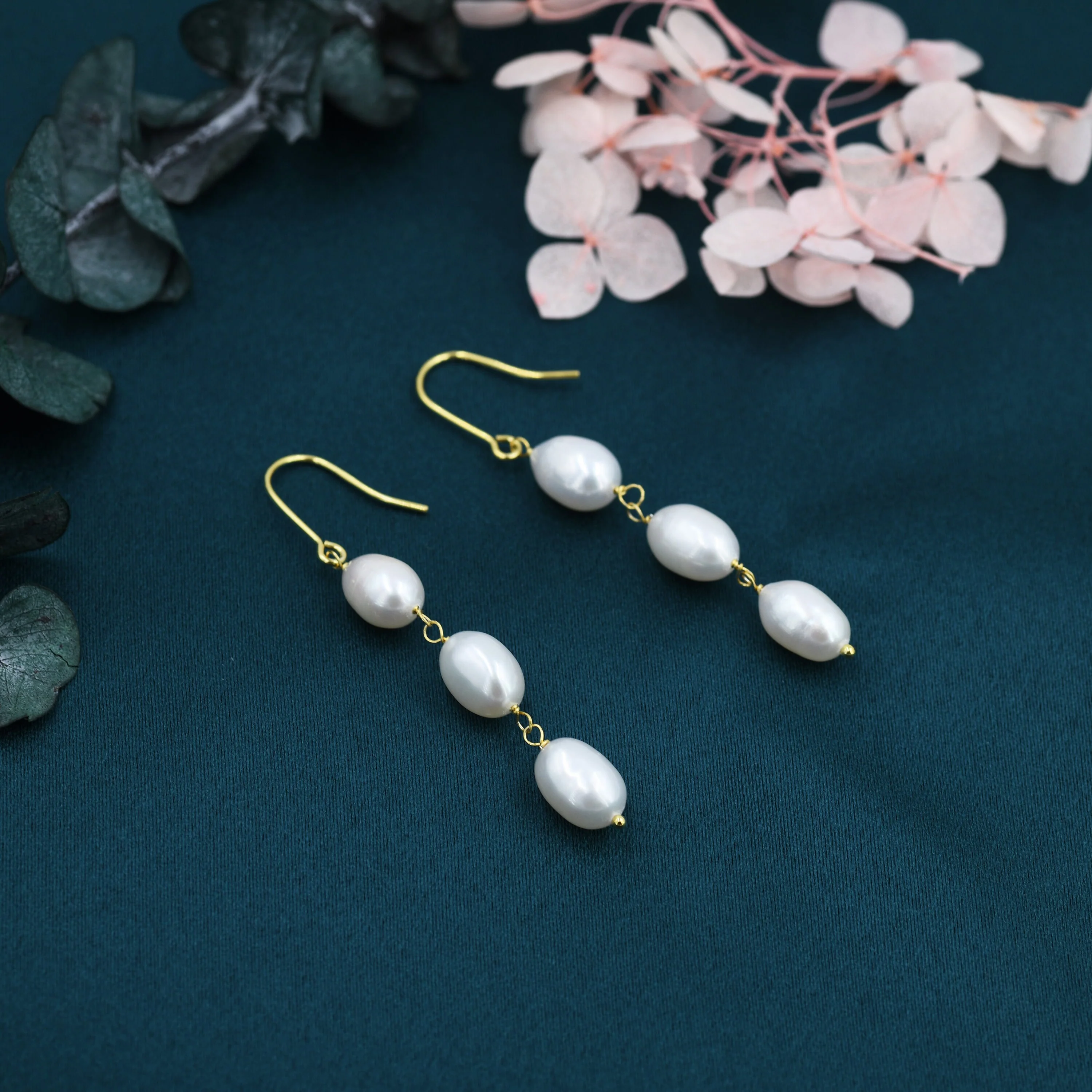 Baroque Pearl Trio Drop Hook Earrings in Sterling Silver, Silver or Gold, Long Pearl Drop Earrings, Natural Keshi Freshwater Pearl Earrings - Image 3
