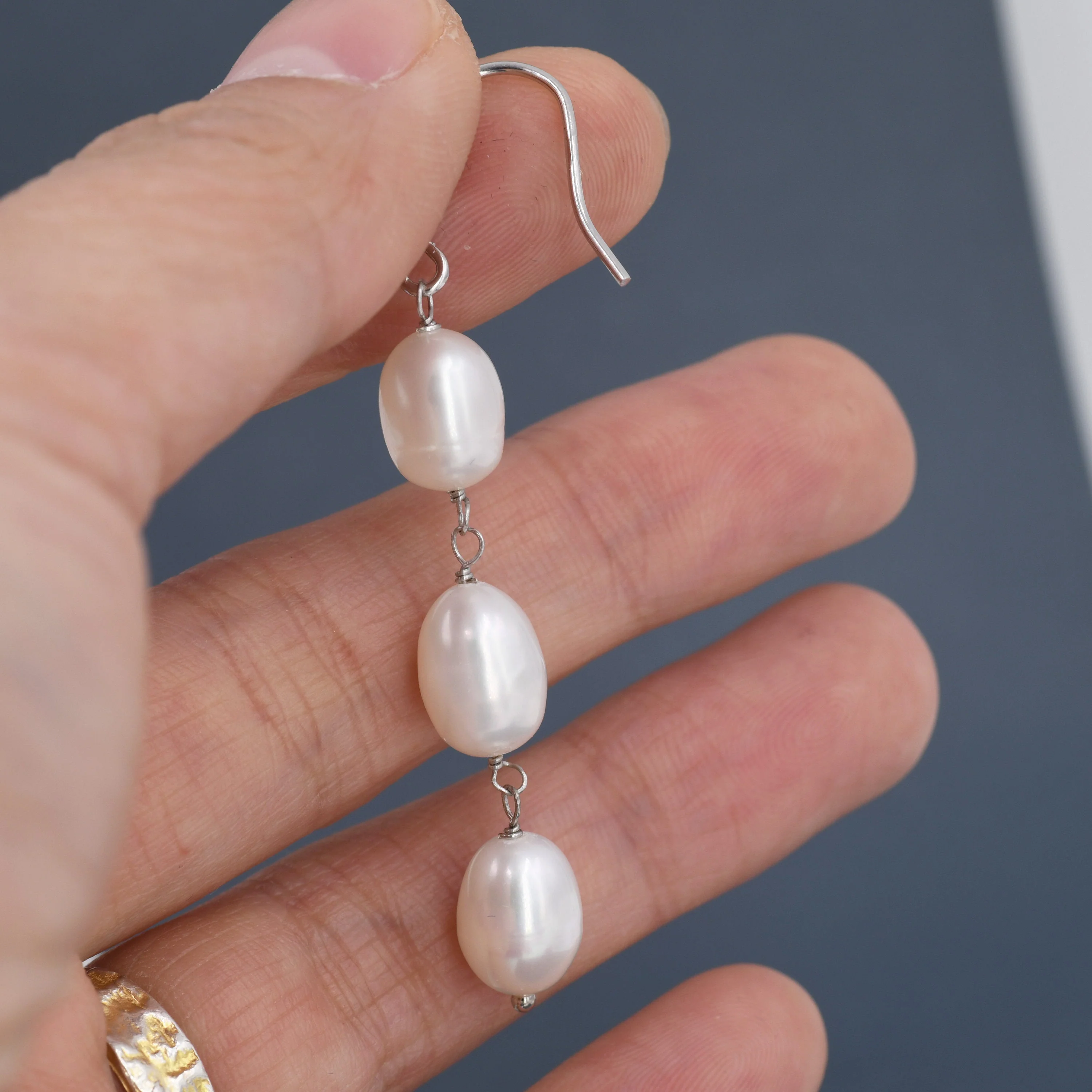 Baroque Pearl Trio Drop Hook Earrings in Sterling Silver, Silver or Gold, Long Pearl Drop Earrings, Natural Keshi Freshwater Pearl Earrings - Image 4