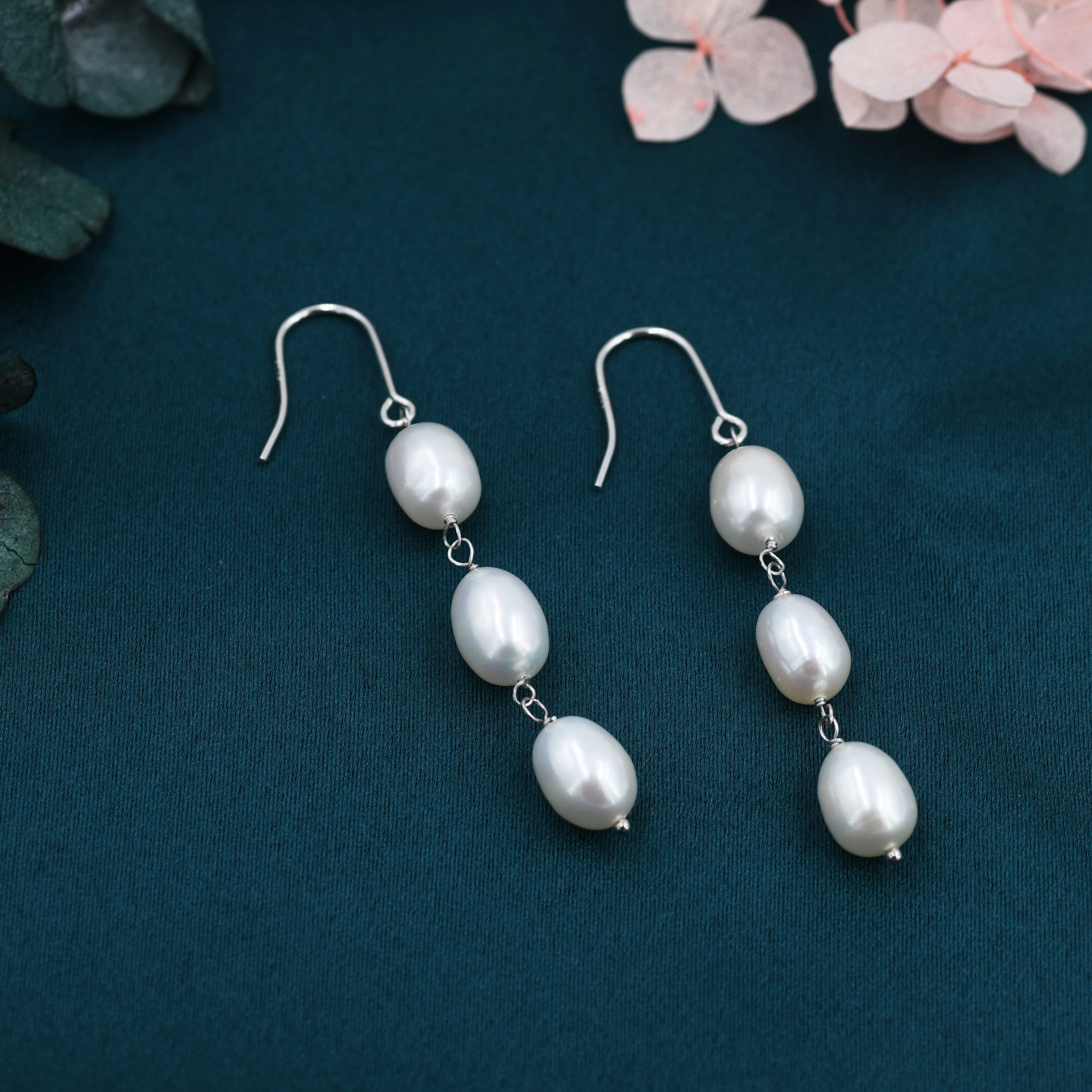 Baroque Pearl Trio Drop Hook Earrings in Sterling Silver, Silver or Gold, Long Pearl Drop Earrings, Natural Keshi Freshwater Pearl Earrings - Image 5