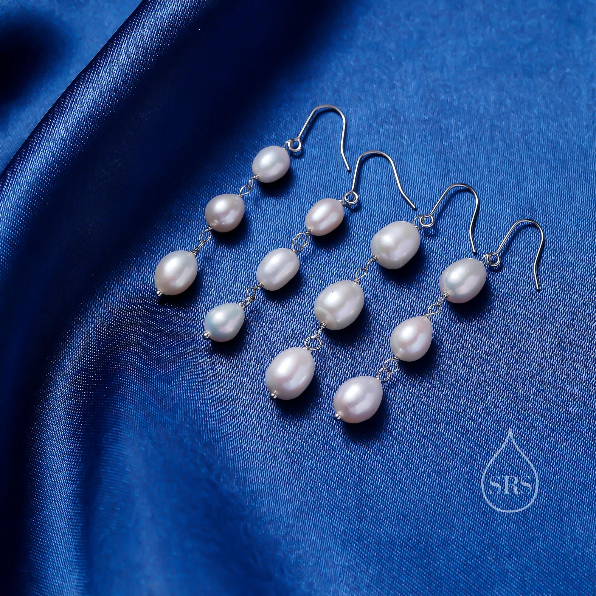 Baroque Pearl Trio Drop Hook Earrings in Sterling Silver, Silver or Gold, Long Pearl Drop Earrings, Natural Keshi Freshwater Pearl Earrings - Image 9