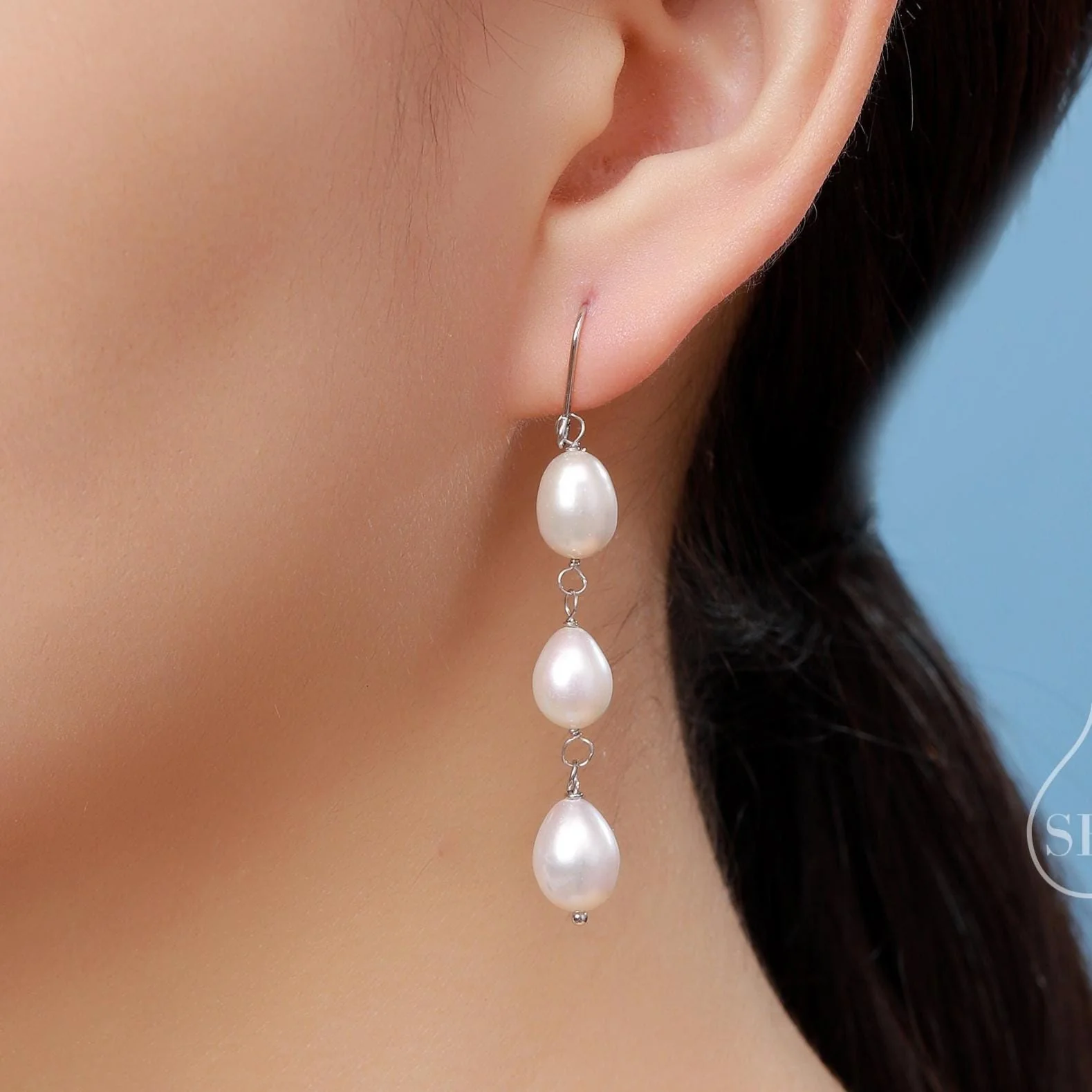 Baroque Pearl Trio Drop Hook Earrings in Sterling Silver, Silver or Gold, Long Pearl Drop Earrings, Natural Keshi Freshwater Pearl Earrings