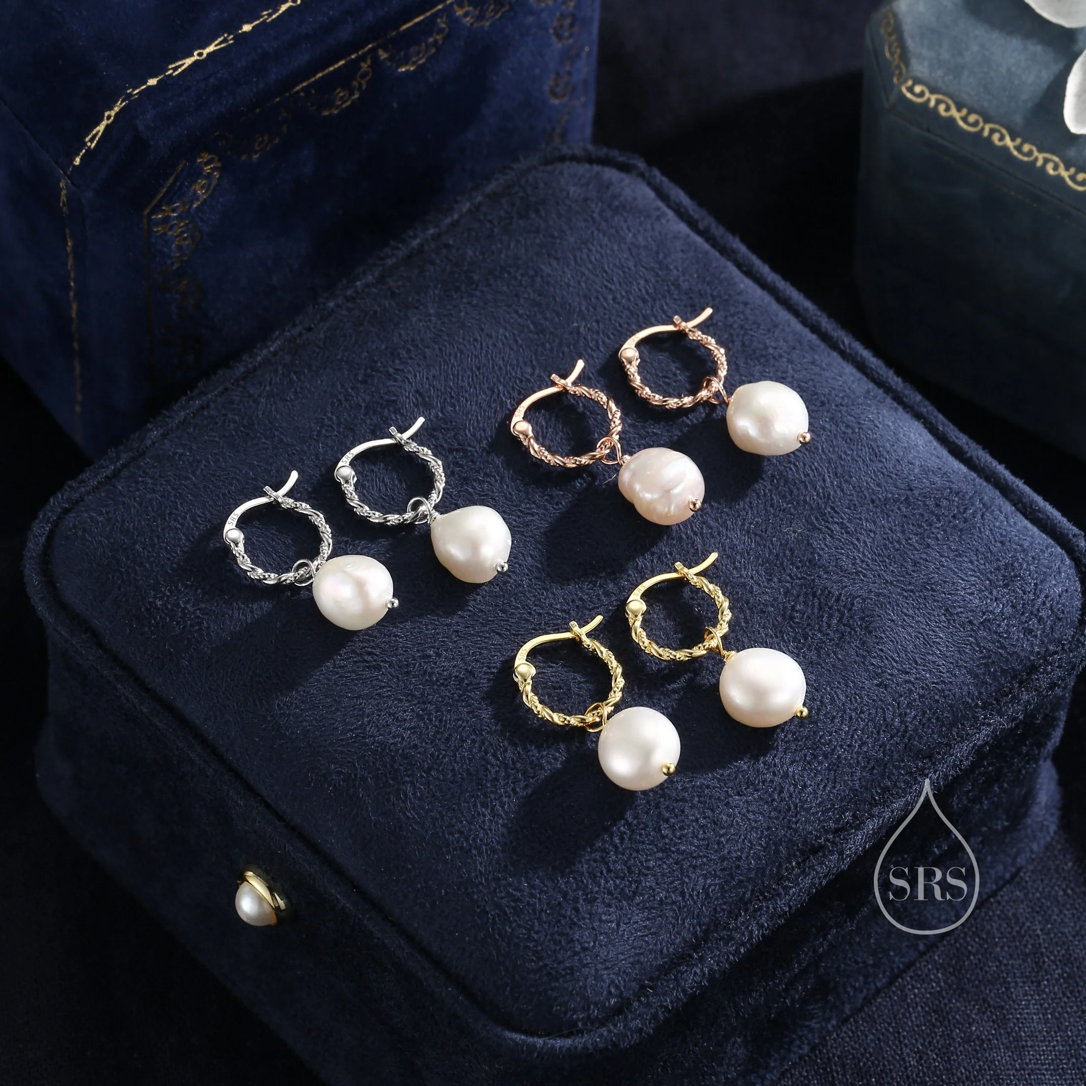 Baroque Pearl with Skinny Braided Hoop Earrings in Sterling Silver,  Pearl Twisted Hoop Earrings, Pearl Huggie Hoops, Keshi Pearls - Image 6